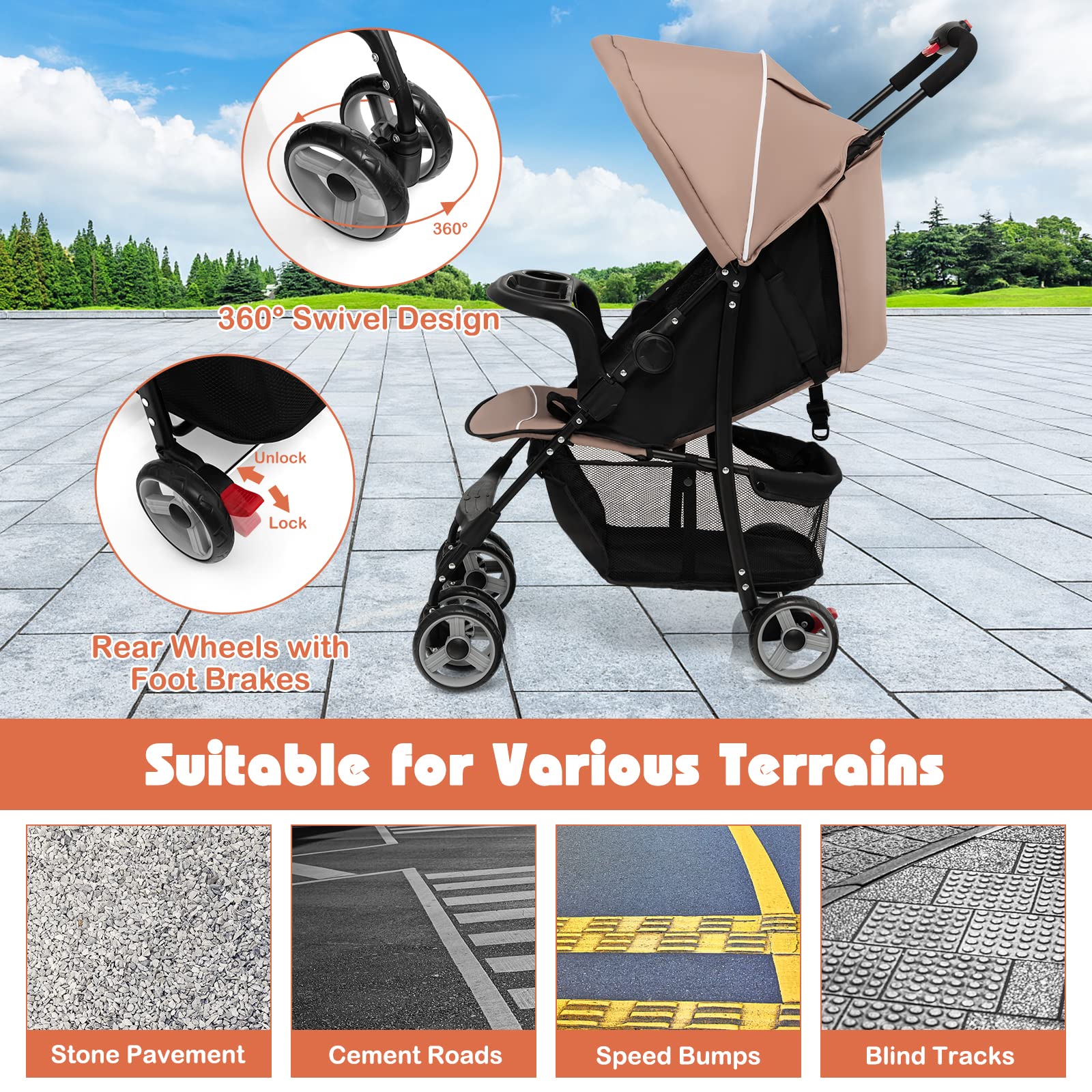 HONEY JOY Lightweight Compact Travel Stroller for Toddlers & Infants - Adjustable Canopy, Reclining Backrest, Storage Basket - Airplane Approved Foldable Umbrella Stroller (Coffee) - Perfect for Air Travel, Shopping, and Daily Walks