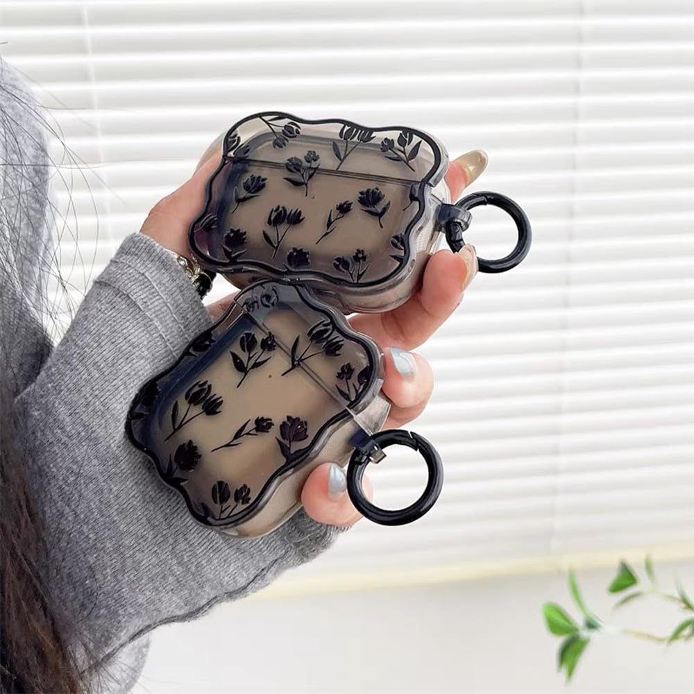 Cute Black Flower AirPods Pro Case with Keychain - Soft Silicone Protective Cover for AirPods Pro Charging Case - Kawaii Cartoon Design for Women, Girls & Kids - Perfect for School, Travel & Daily Use