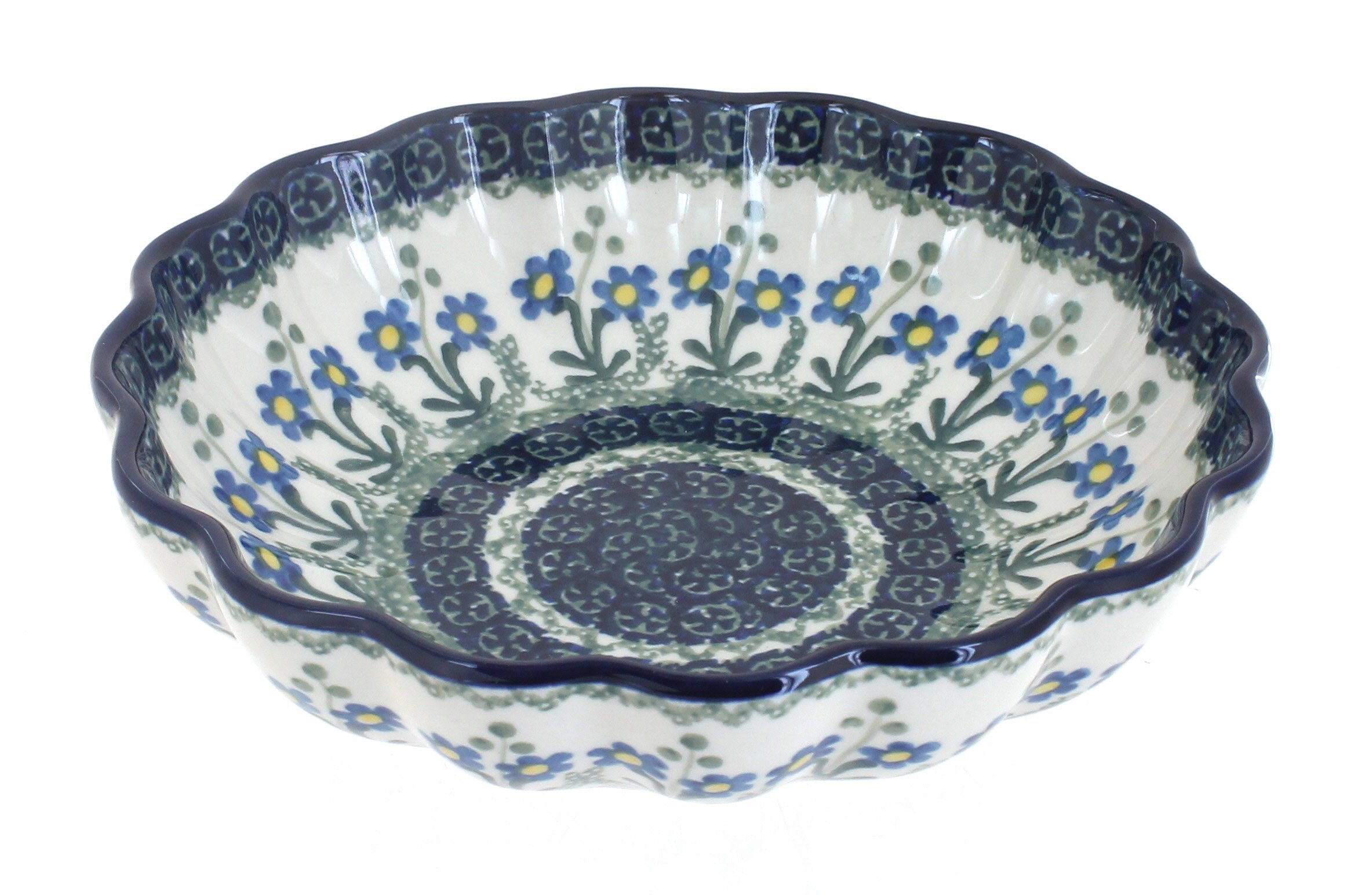 Handmade Blue Rose Polish Pottery Scalloped Serving Dish - Elegant Floral Design for Dining & Home Decor, Perfect for Salads, Desserts & Entertaining