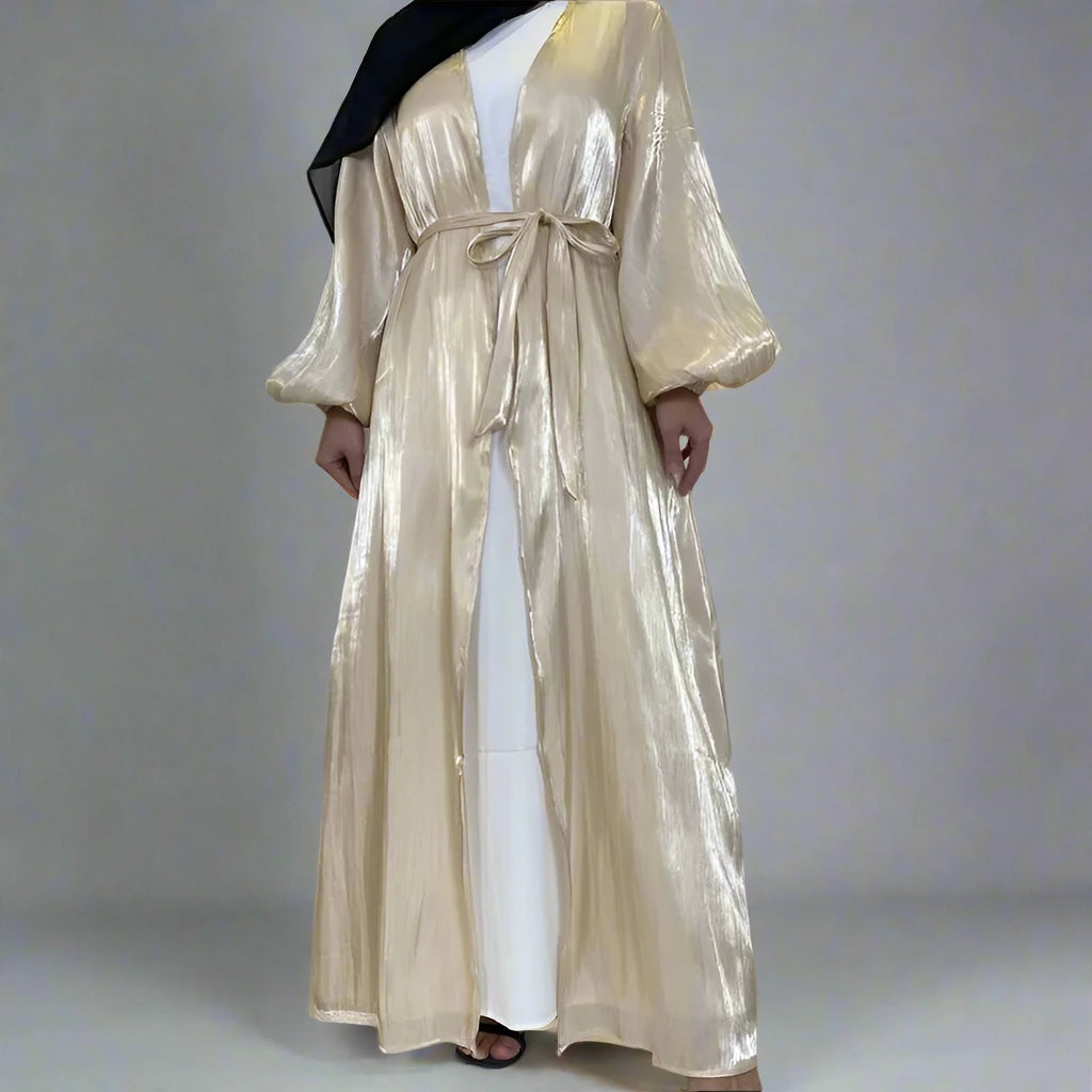 Elegant Satin Open Abaya Dress for Muslim Women - Soft Silk-Like Fabric, Modest Prayer Dress for Eid, Ramadan & Special Occasions
