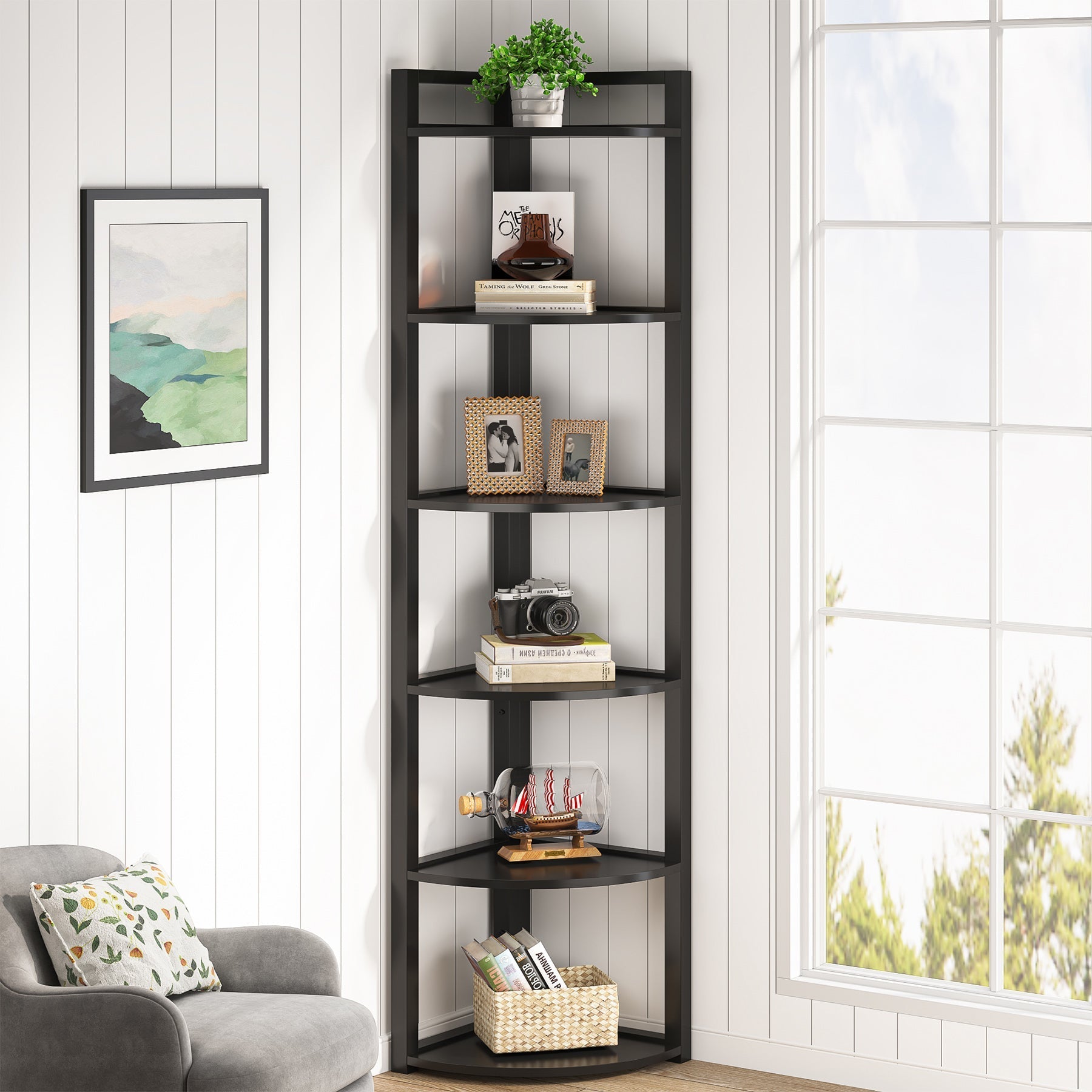 6 Tier Corner Shelf - Small Corner Bookshelf Storage Rack for Bedroom, Bathroom & Office - Space Saving Organizer for Books, Plants & Decor
