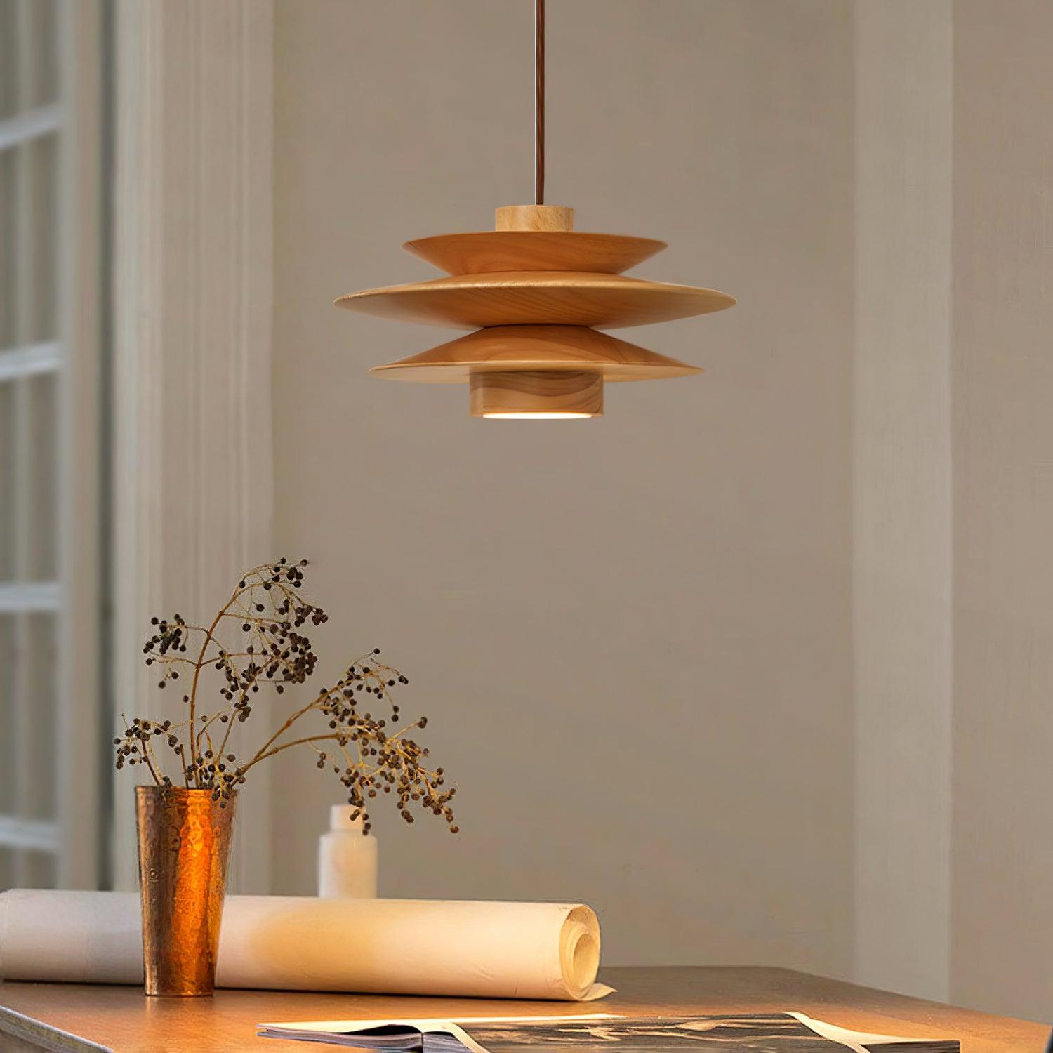 Cascade Wooden Disc Pendant Lamp - Modern Scandinavian Style Hanging Light Fixture for Dining Room, Bedroom, or Living Room Decor