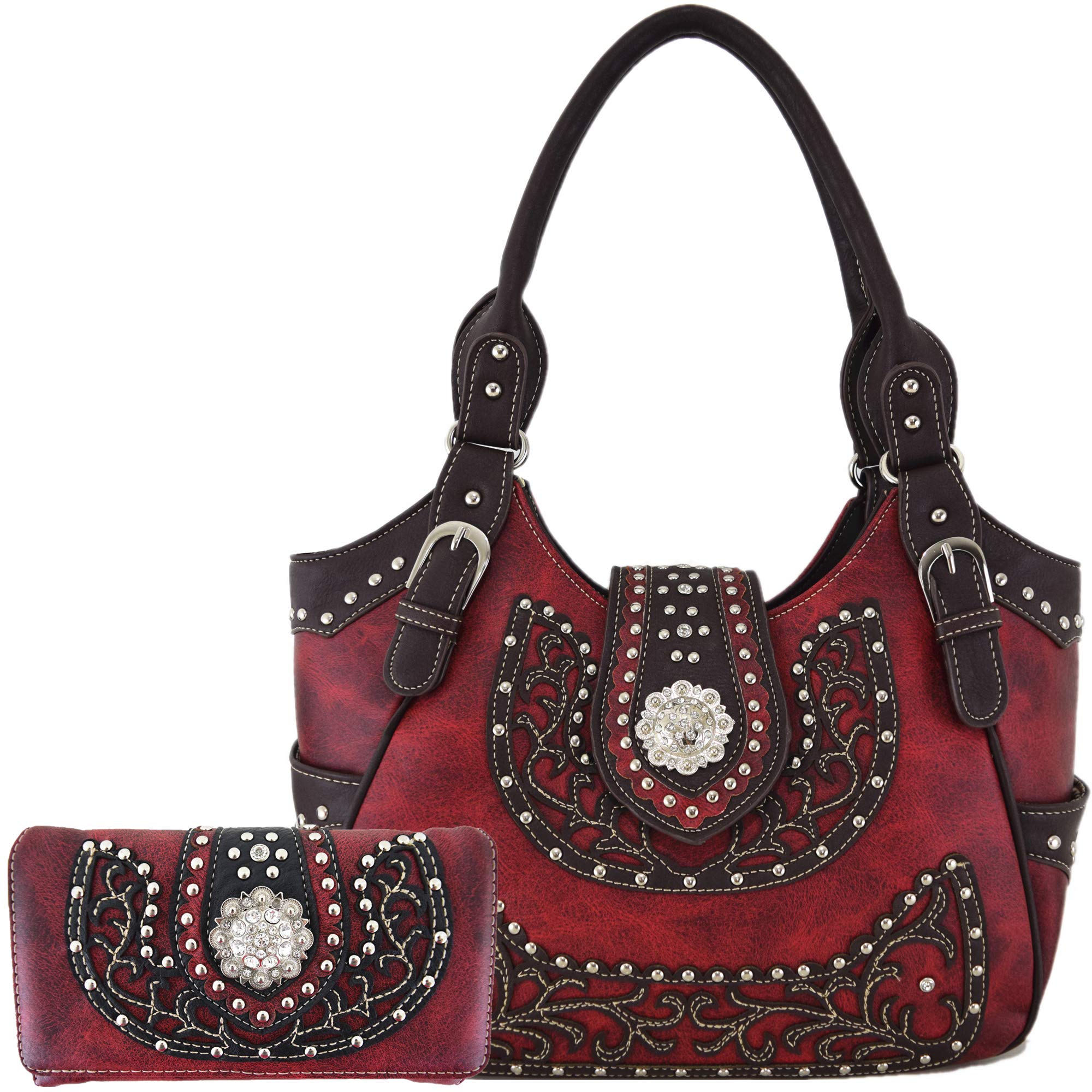 Western Style Rhinestone Concho Concealed Carry Purse for Women - Country Handbag with Shoulder Strap & Wallet Set | Perfect for Everyday Use, Travel, and Western-Themed Events