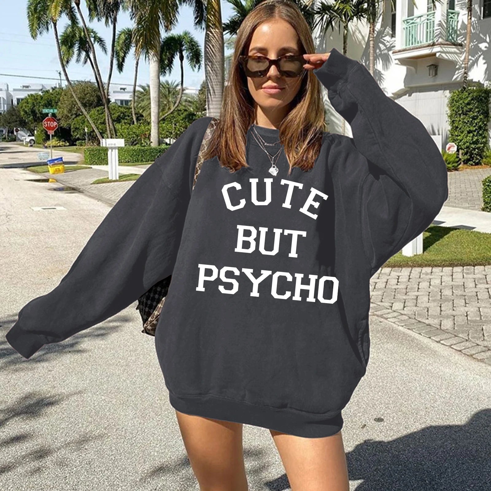 CUTE BUT PSYCHO 2023 Trendy Long Sleeve Crewneck Women's Hoodie - Harajuku Fashion Y2K Aesthetic Streetwear for Fall/Winter | Casual Outfit, Street Style, Layering Essential