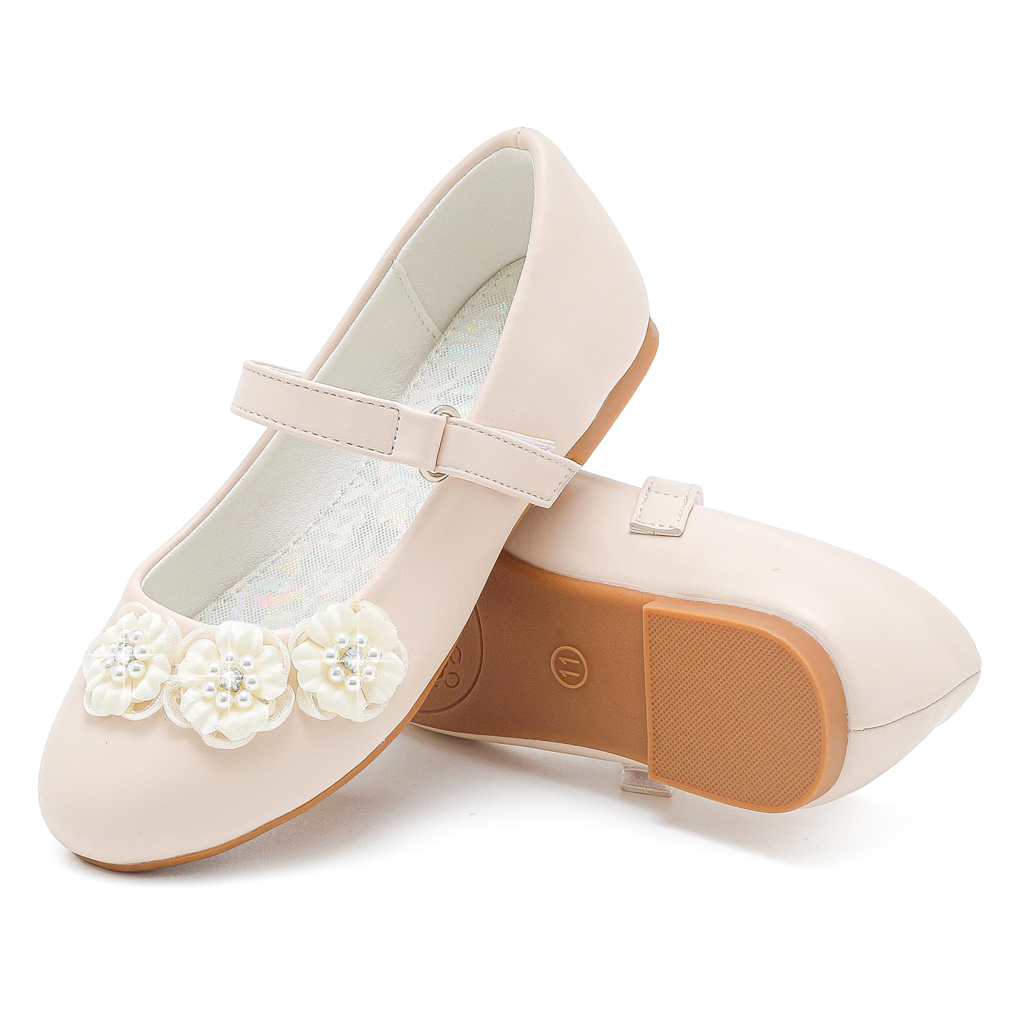 **Toddler Girls Flower Girl Shoes - Princess Wedding Flats with Low Heel for Little & Big Kids - Perfect for Weddings, Parties & Special Occasions**