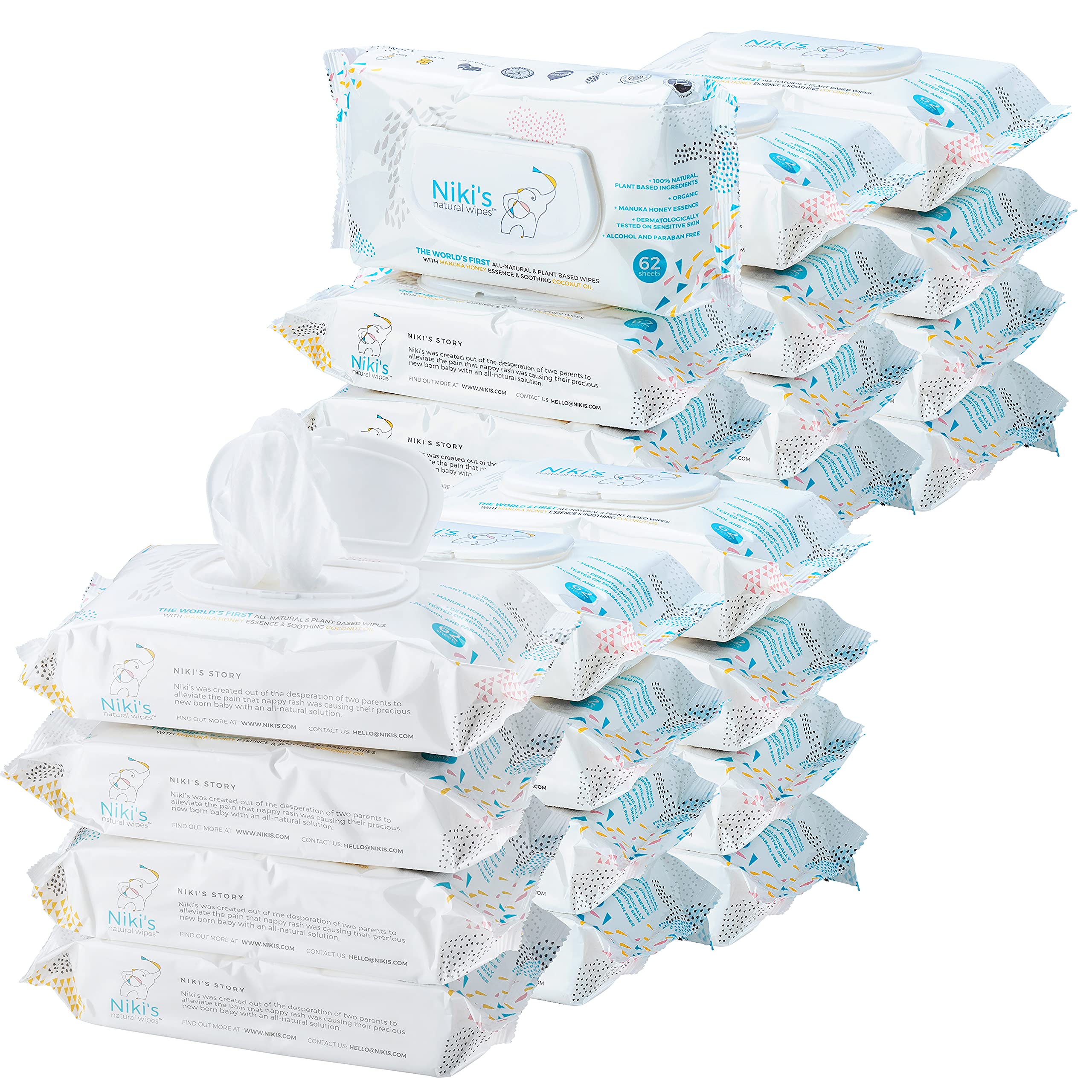 Niki's Organic Baby Wipes for Sensitive Skin with Manuka Honey & Coconut Oil - Unscented, EWG Verified - 1488 Wipes (24 Packs x 62 Count) - Perfect for Diaper Changes, On-the-Go Cleaning & Gentle Skin Care