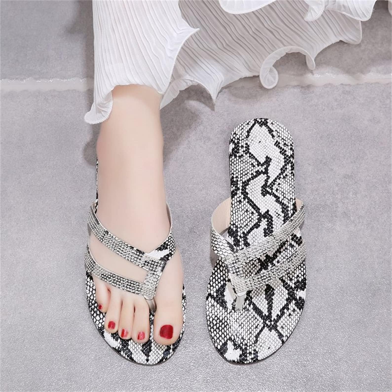 SACFOF Women's Bohemian Flat Sandals - Rhinestone Embellished Comfortable Thong Sandals for Summer | Dressy Slide Sandals for Beach, Vacation & Casual Outfits