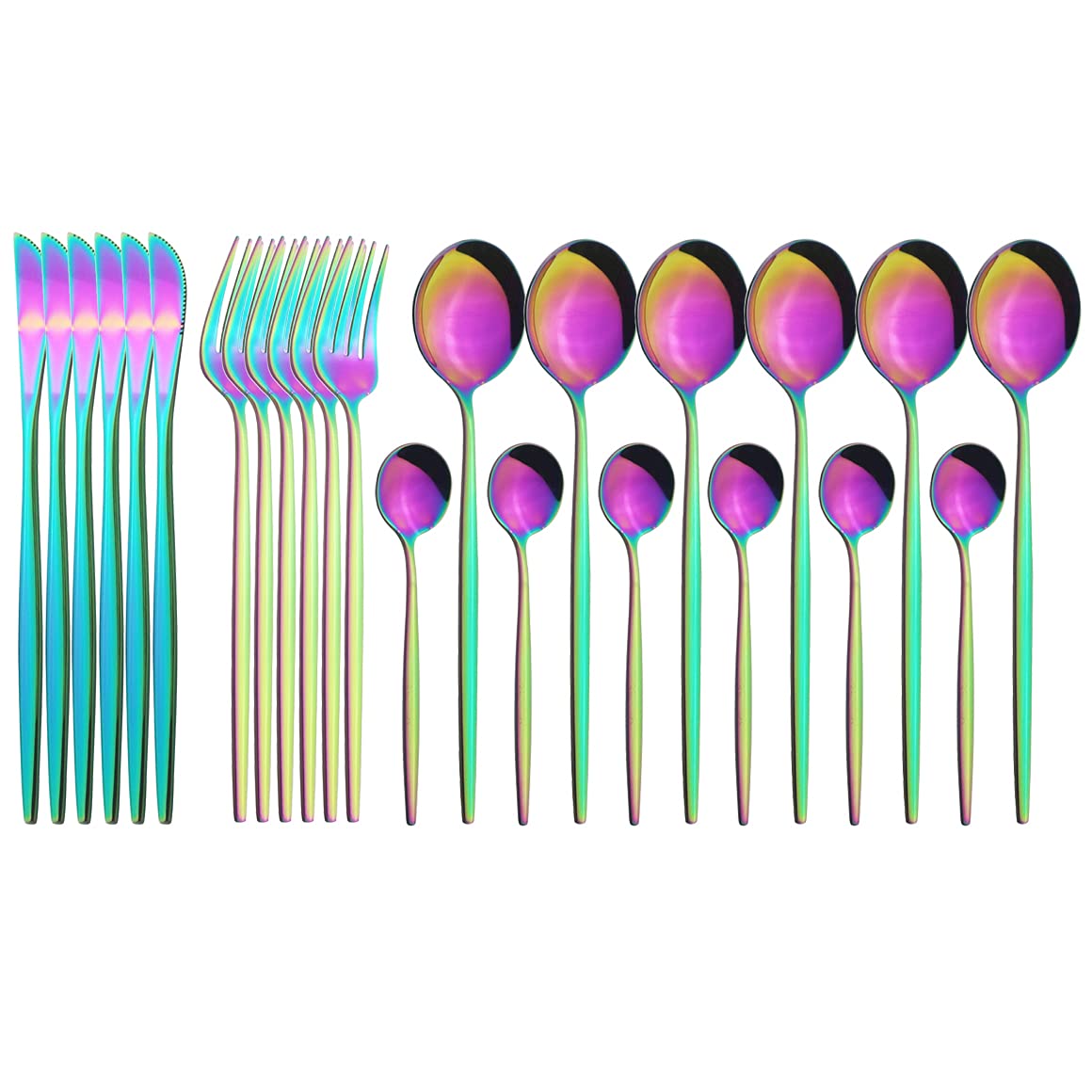 24-Piece Stainless Steel Flatware Set - Gold Silverware Cutlery with Dinner Knives, Forks & Coffee Spoons - Elegant Rainbow Kitchen Tableware for Dining, Parties & Gift Giving