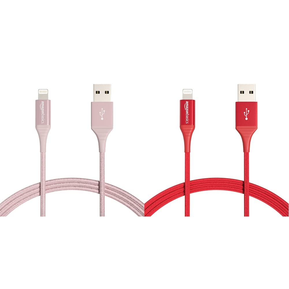 Amazon Basics MFi Certified iPhone Charger Cable - Rose Gold & Red, 6-Ft Nylon Braided USB-A to Lightning Cable 2-Pack for iPhone iPad, Durable 10,000 Bend Lifespan - Perfect for Home, Office & Travel Charging