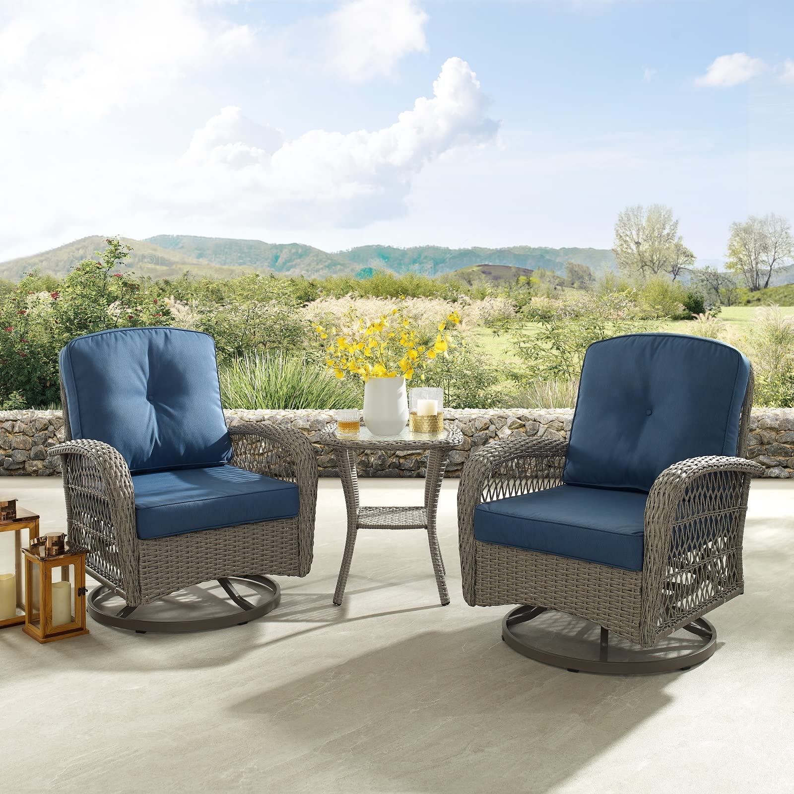 3 Piece Patio Furniture Set - Blue Rattan Outdoor Bistro Table and 2 Wicker Chairs with 3.9