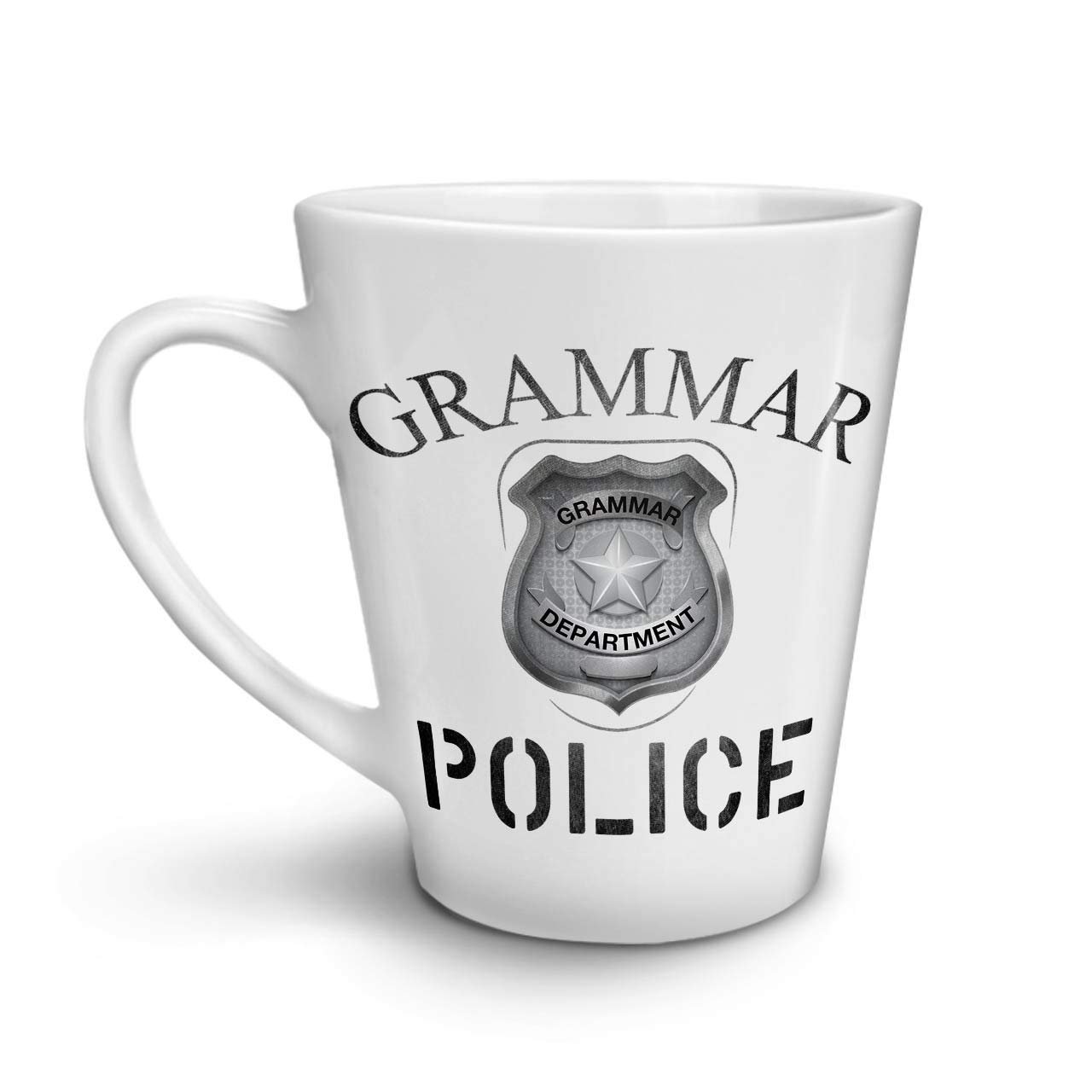 Funny Grammar Police Badge Latte Mug - Ceramic Coffee Cup with Comfortable Handle & Two-Sided Design by Wellcoda | Perfect Gift for Teachers, Writers & Grammar Lovers - Great for Office, Home & Coffee Shops