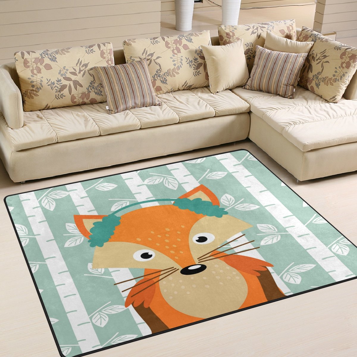 ALAZA Cartoon Birch Tree Cute Fox Area Rug - 5'3