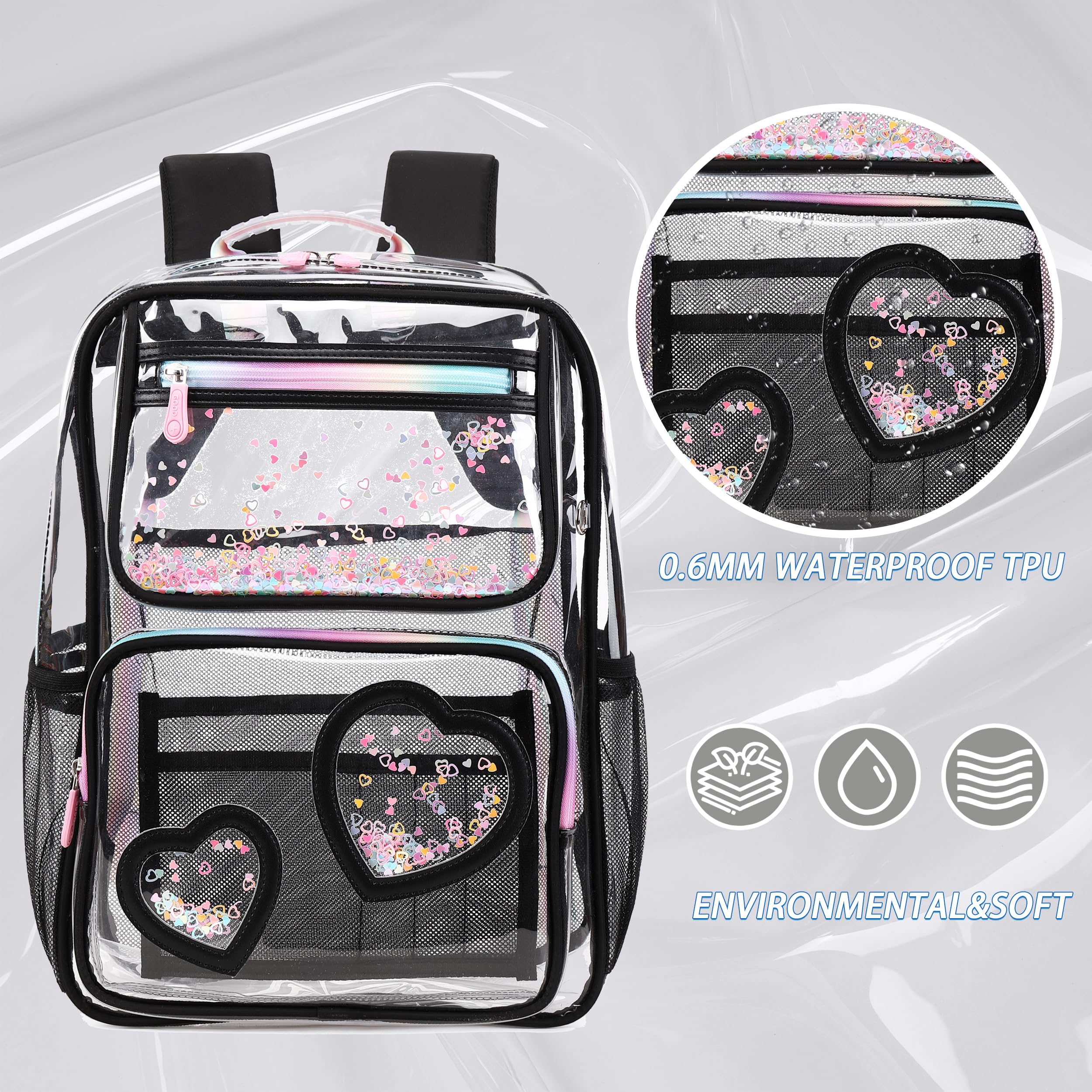 Caoroky Knight Clear Stadium Backpack - Heavy Duty TPU Transparent Bookbag for Women, Girls & Kids - Perfect for School, Travel, Concerts & Events (Black)