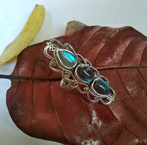 Labradorite Sterling Silver Ring - 925 Silver Three Stone Dainty Boho Ring with Blue Fire Gemstone | Unique Artisan Natural Stone Jewelry for Women | Perfect for Everyday Wear, Gift Giving & Special Occasions
