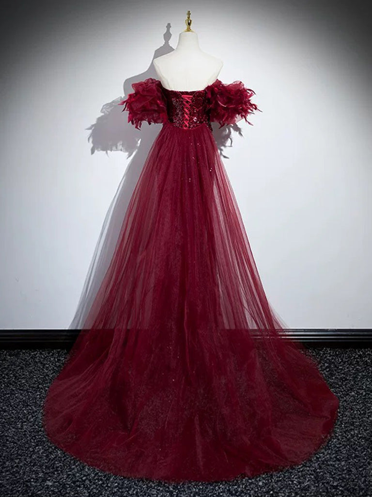Elegant Burgundy Mermaid Off-Shoulder Sequin Long Prom Dress - Perfect for Evening Gowns, Formal Dances & Special Occasions