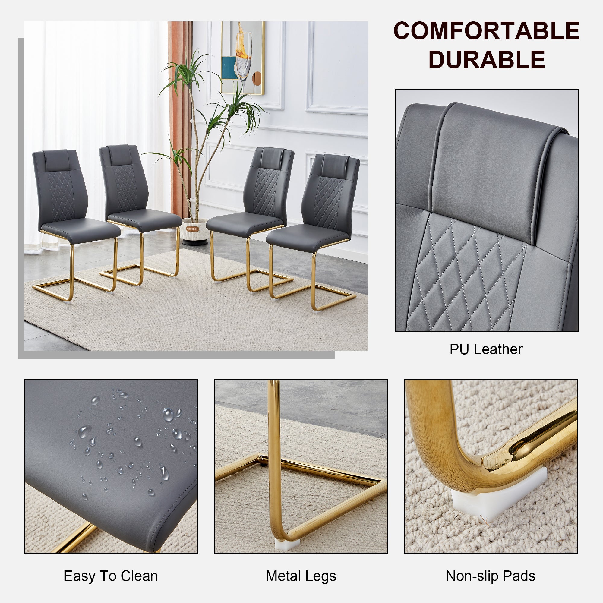 Stylish Faux Leather Cushioned Chairs with Metal Legs - Set of 6 (Gray PU Leather) for Living Room, Kitchen, Bedroom & Dining Room - Perfect for Home Decor & Guest Seating