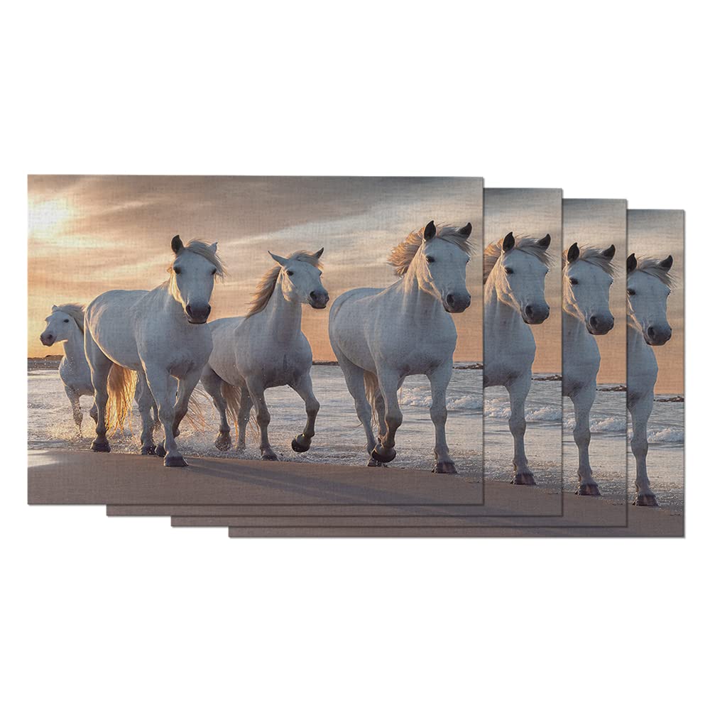 AOYEGO Set of 4 White Horse Running Through Ocean Placemats - 12x18 Inch Cotton Linen Table Mats for Dining Room, Kitchen Decor | Perfect for Farmhouse, Coastal, or Equestrian Themed Home Decor