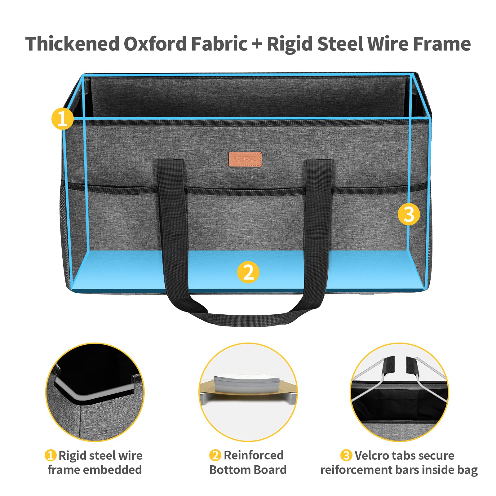 LHZK Extra Large Stand Up Utility Tote Bag with Lid - Reinforced Metal Wire Frame & Sides - Perfect for Grocery Shopping, Beach Trips, and Storage Organization