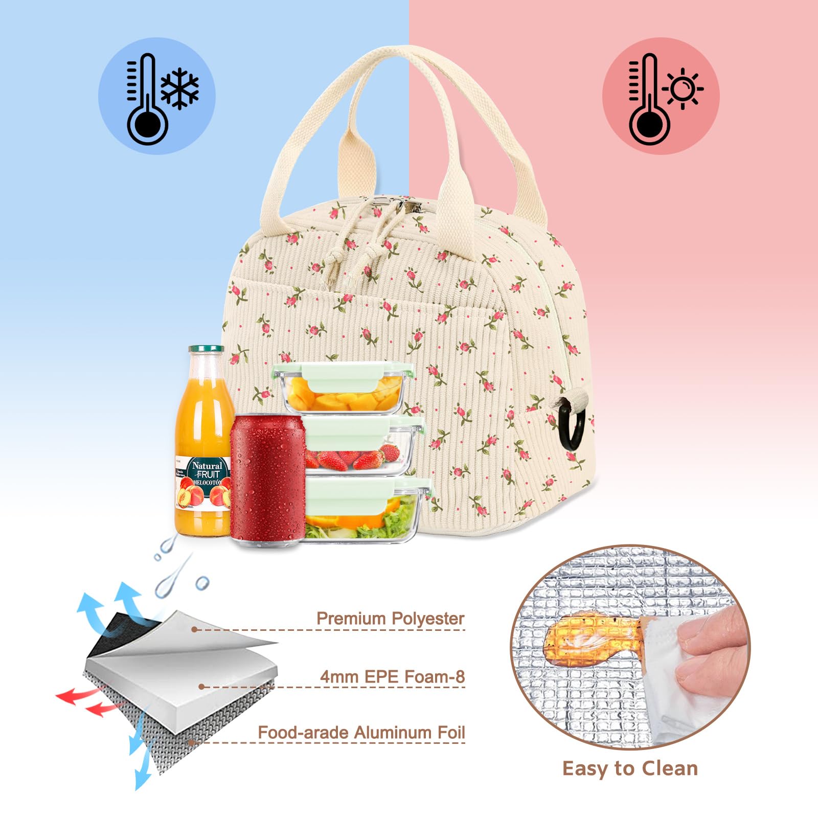 Stylish Insulated Lunch Bag for Women & Men - Large Corduroy Lunch Box with Shoulder Strap, Floral Tote & Reusable Cooler Bag | Perfect for Work, School, Picnics & Outdoor Activities