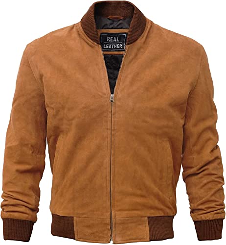 Genuine Suede Leather Bomber Jacket for Men - Classic Baseball Style Jacket with Premium Quality | Perfect for Casual Wear, Night Out & Motorcycle Riding