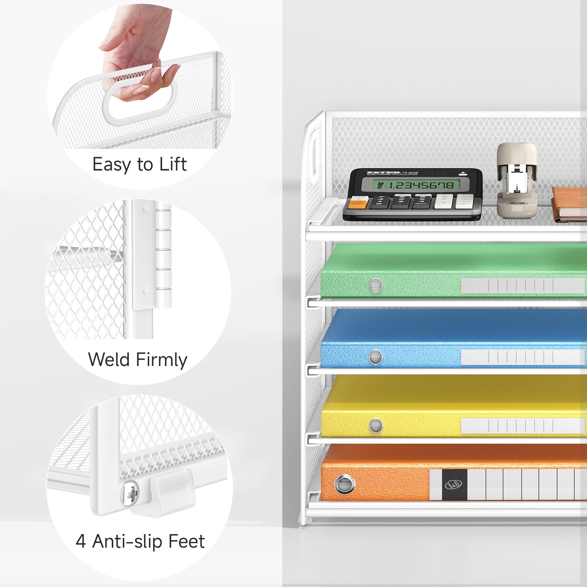 Lavatino 5-Tier Mesh Desk Organizer with Handle - White Letter Tray, File Sorter for Office, Home & School - Perfect for Mail, Documents, Bills & Office Supplies Storage