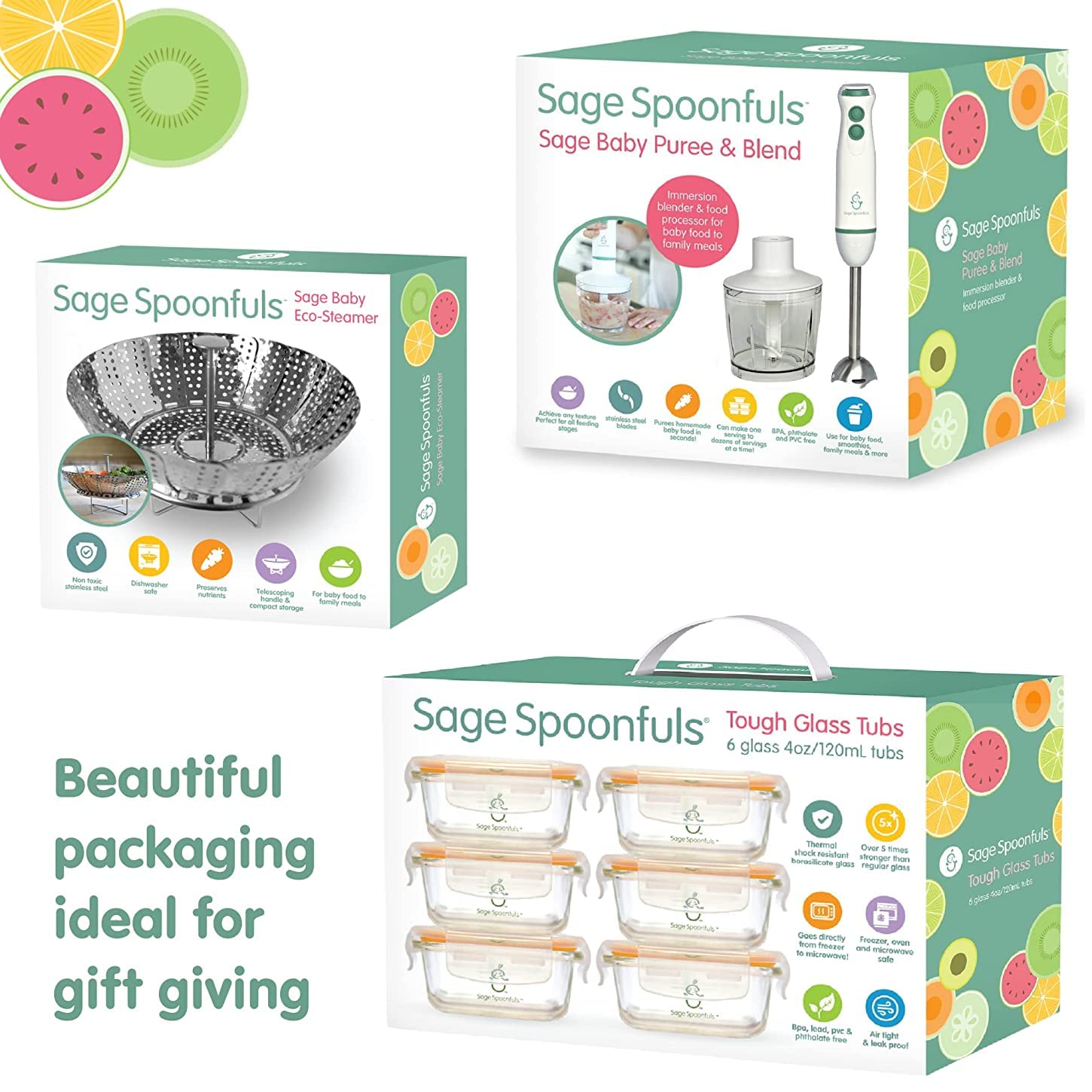 SAGE SPOONFULS 10-Piece Baby Food Maker Set - Electric Baby Food Processor & Blender for Fruits, Vegetables & Meat with Leakproof Glass Containers & Steamer Basket - Perfect for Homemade Baby Purees & Toddler Meals