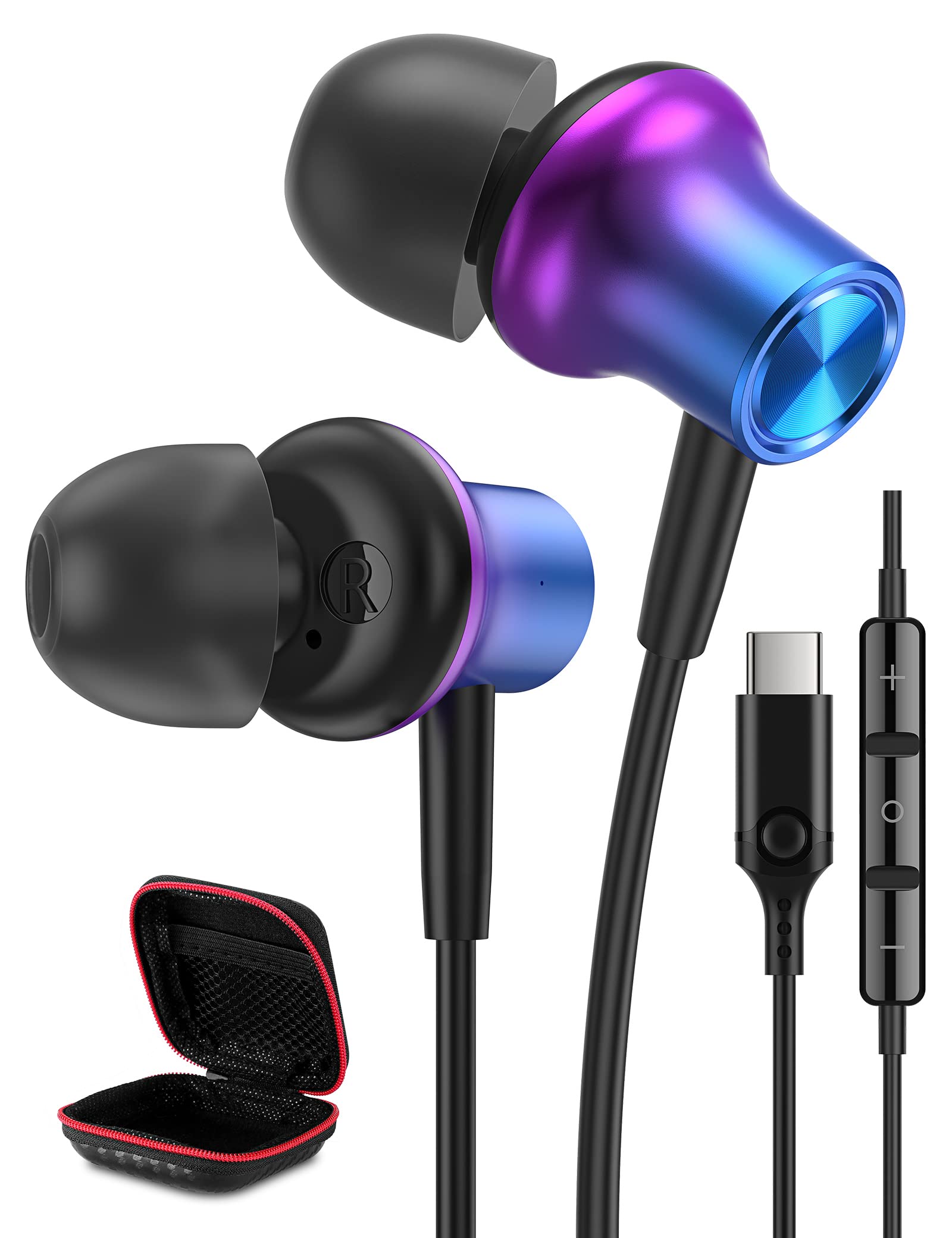 USB C Wired Earbuds with Microphone & Noise Cancelling - Compatible with iPhone 15/16/Plus, Google Pixel 6A/7/8/9 Pro, Samsung Galaxy S21/S22/S23/S24/S25 Ultra & OnePlus - Purple In-Ear Headphones for Workouts, Commuting & Gaming