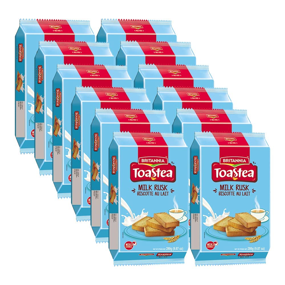 BRITANNIA Toastea Milk Rusk 9.87oz (280g) - Crispy Crunchy Milk Biscuits for Tea Time - Breakfast & Snack Delight - Pack of 12 - Perfect for Morning Tea, Afternoon Snacks & Office Breaks