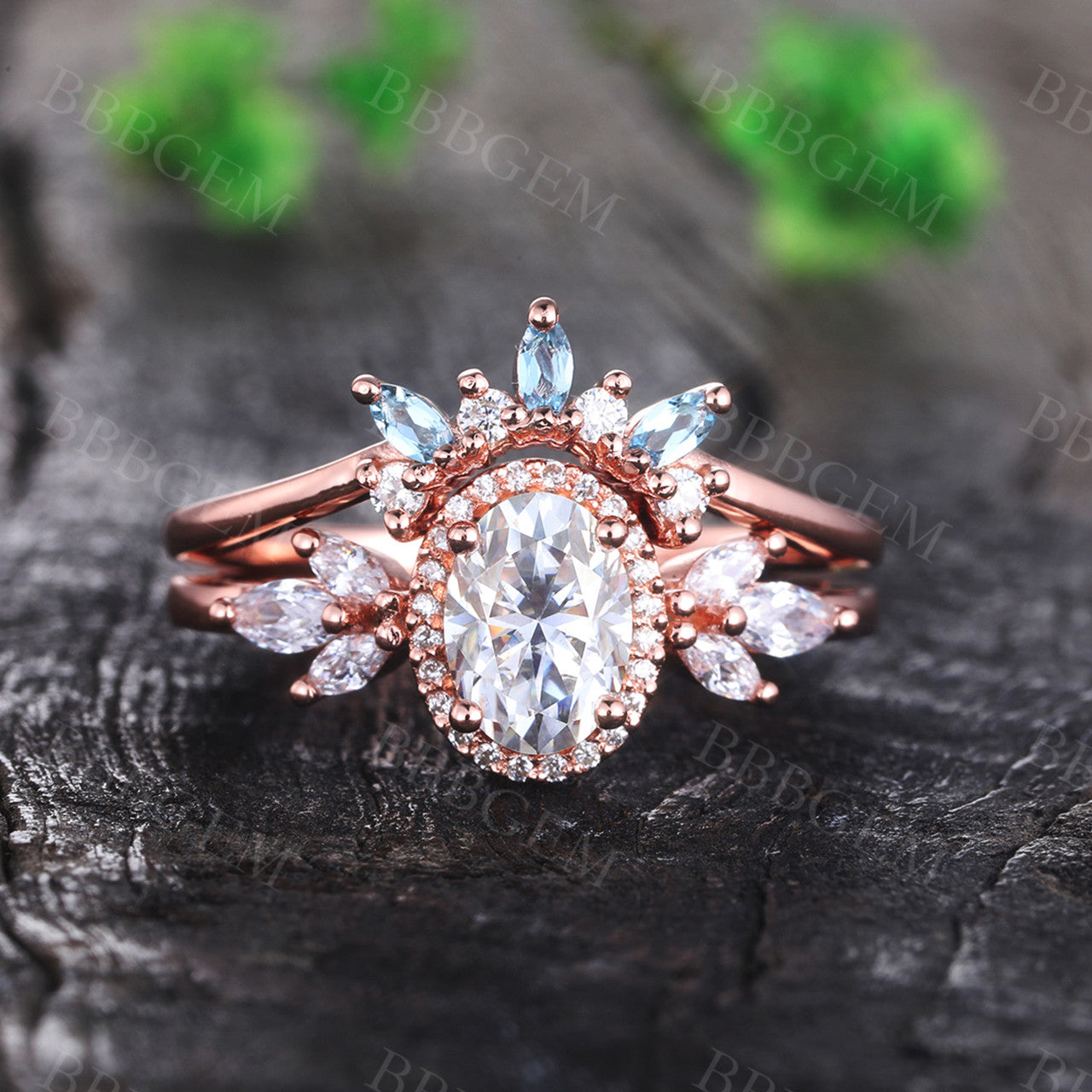 Vintage Oval Cut Moissanite Engagement Ring Set with Blue Topaz - Elegant Wedding Band for Women - Perfect for Proposals, Anniversaries & Special Occasions