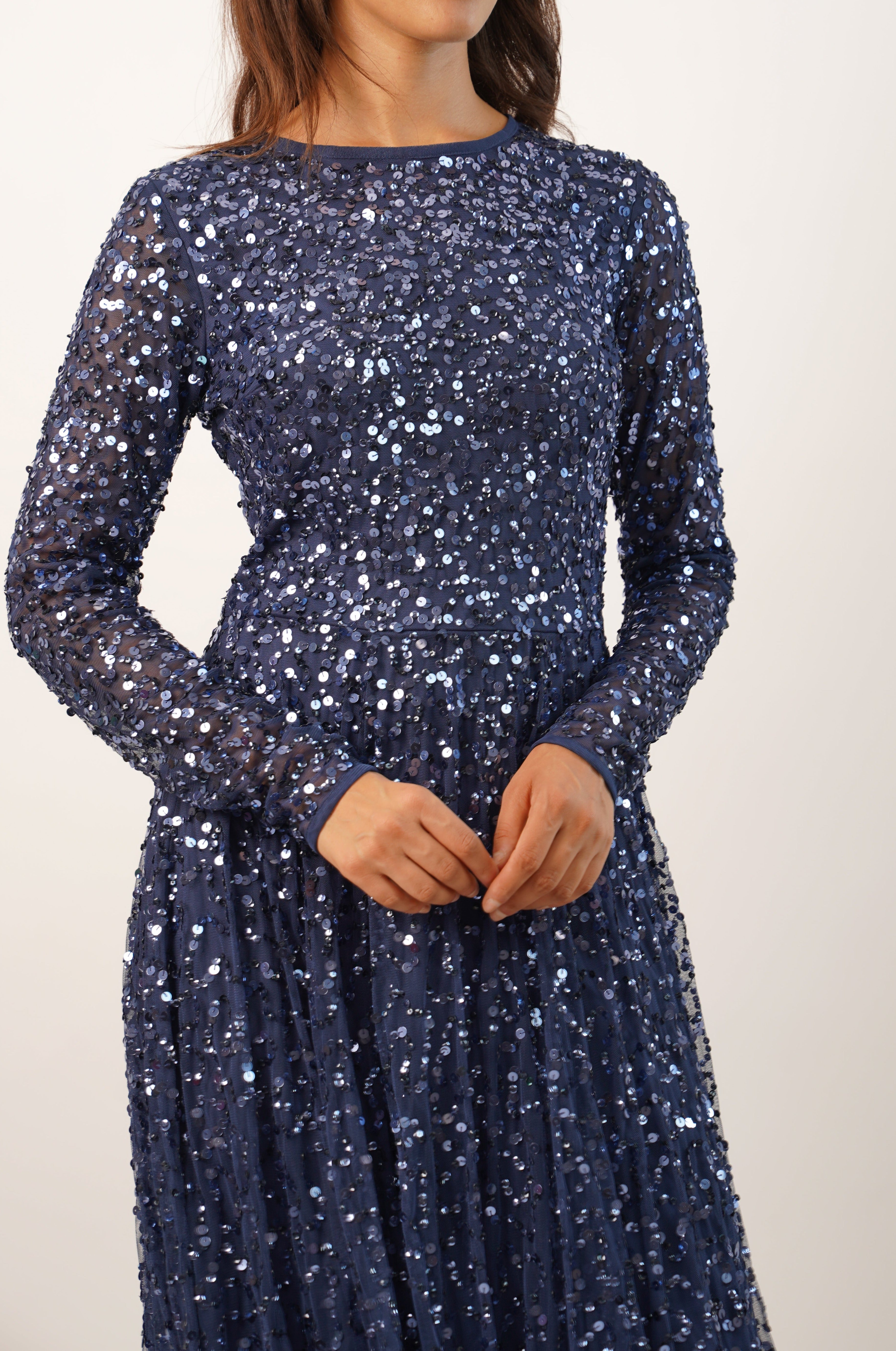Elegant Dark Blue Embellished Long Sleeve Maxi Dress for Women | Formal Evening Gown | Perfect for Weddings, Parties & Special Occasions