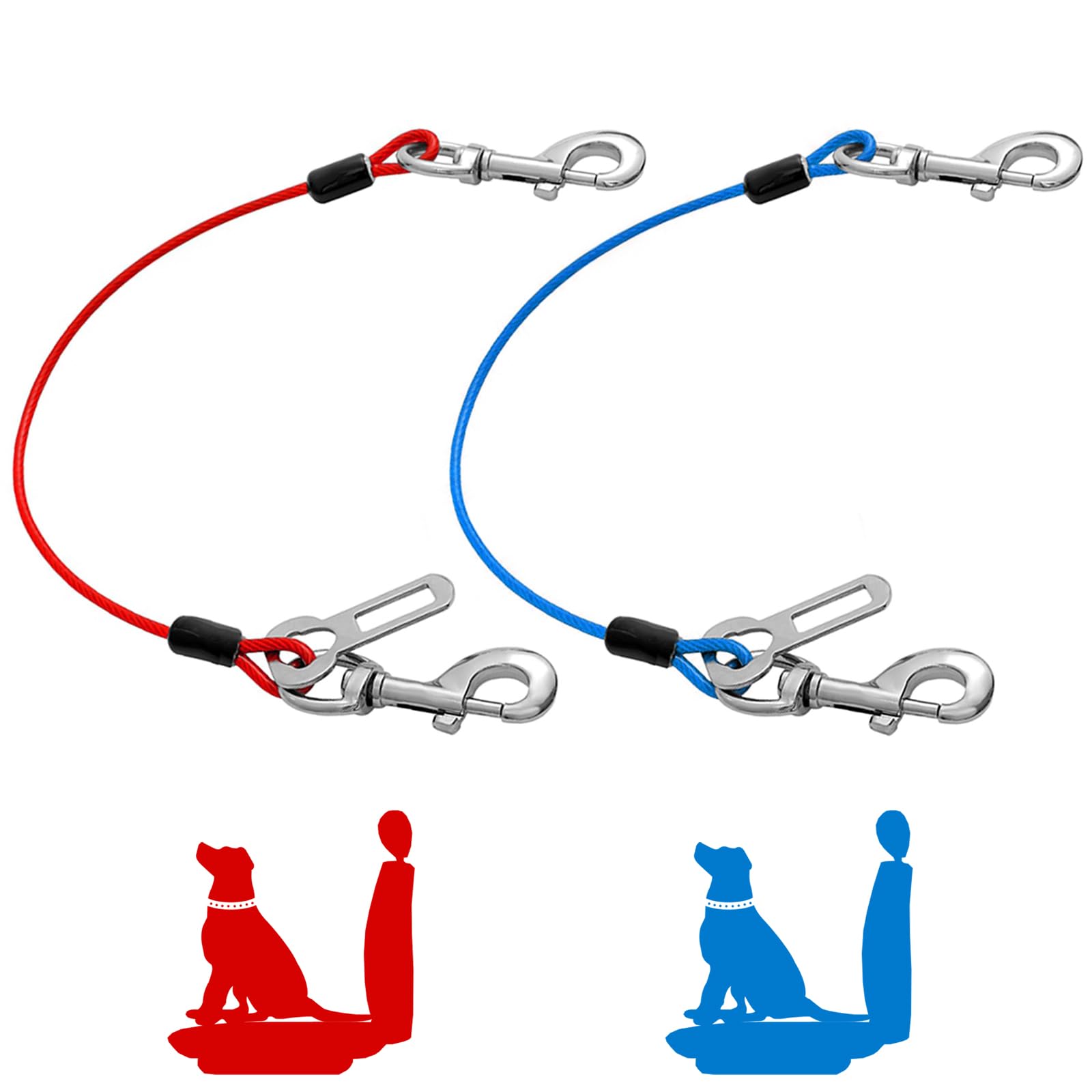 2 Pack Dog Seat Belt Harness for Car - 16 Inch/40CM No Chew Safety Restraint with Double Clips & Latch - Red & Blue Coated Wire Leash for Small to Medium Dogs - Perfect for Road Trips & Safe Car Travel