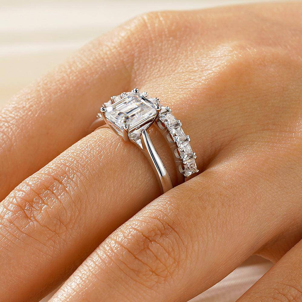 Emerald Cut Hidden Halo Moissanite Engagement Ring Set with Matching Wedding Band - Perfect for Proposals, Anniversaries & Bridal Jewelry