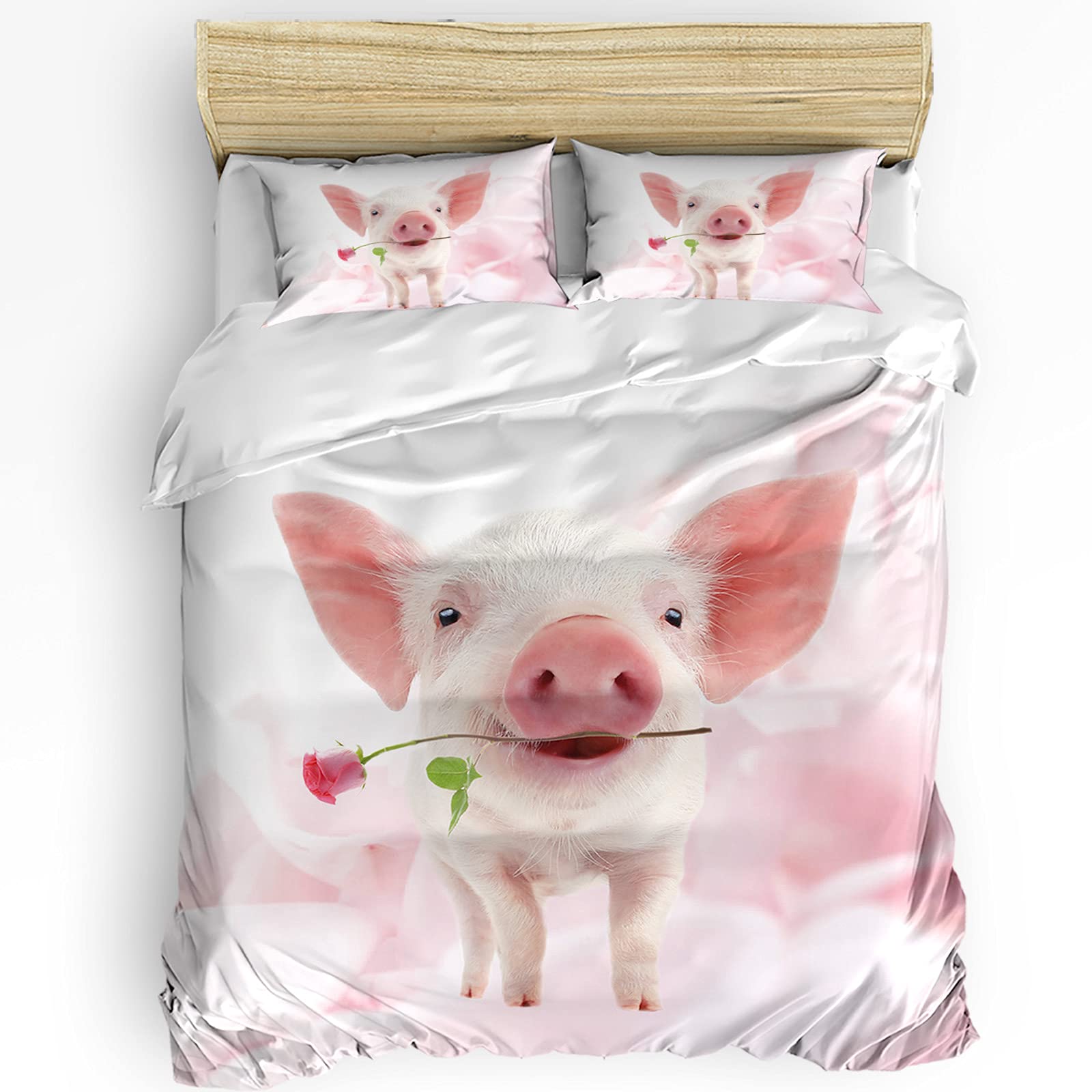 LooPoP Funny Pig 3-Piece Full Bedding Set - Cute Pig Print Comforter & Pillow Shams for Teens, Boys & Girls | Floral Rose Design | Perfect for Kids' Bedrooms, Dorm Rooms & Gift Giving