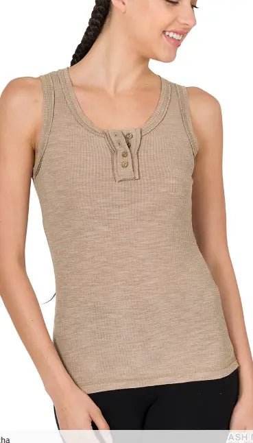 Ash Mocha Ribbed Tank Top for Women - Soft Stretchy Casual Sleeveless Shirt - Perfect for Summer, Layering & Everyday Wear