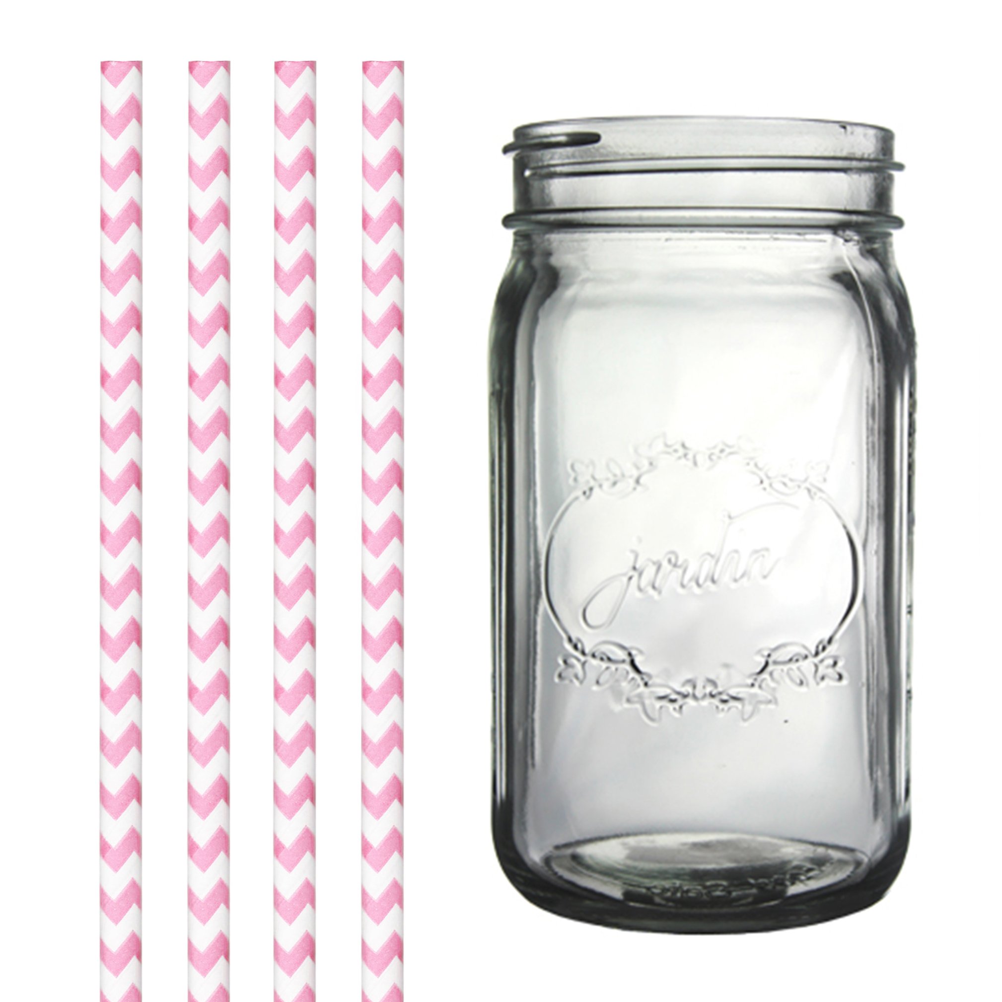 Vintage Clear Mason Jar with Pink Chevron Straws - 32oz Glass Drinking Cup for Parties, Picnics & Home Decor | Dress My Cupcake Style