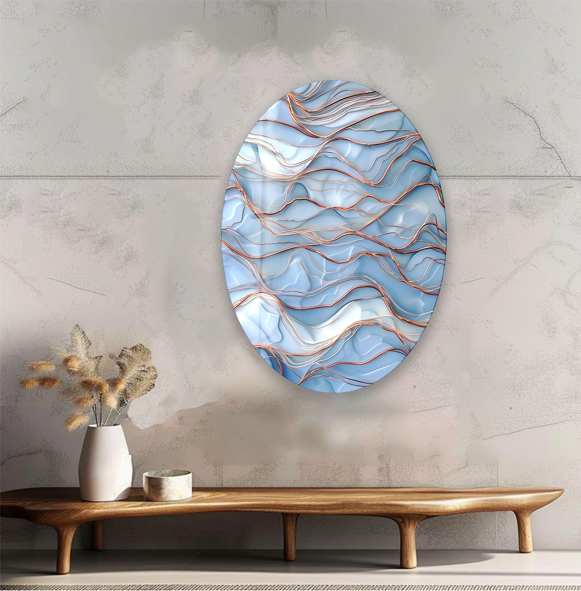 Asymmetric Oval Golden & Blue Glass Wall Art Decor - Modern Handmade Mosaic Glass Panel for Living Room, Bedroom, Office & Interior Design