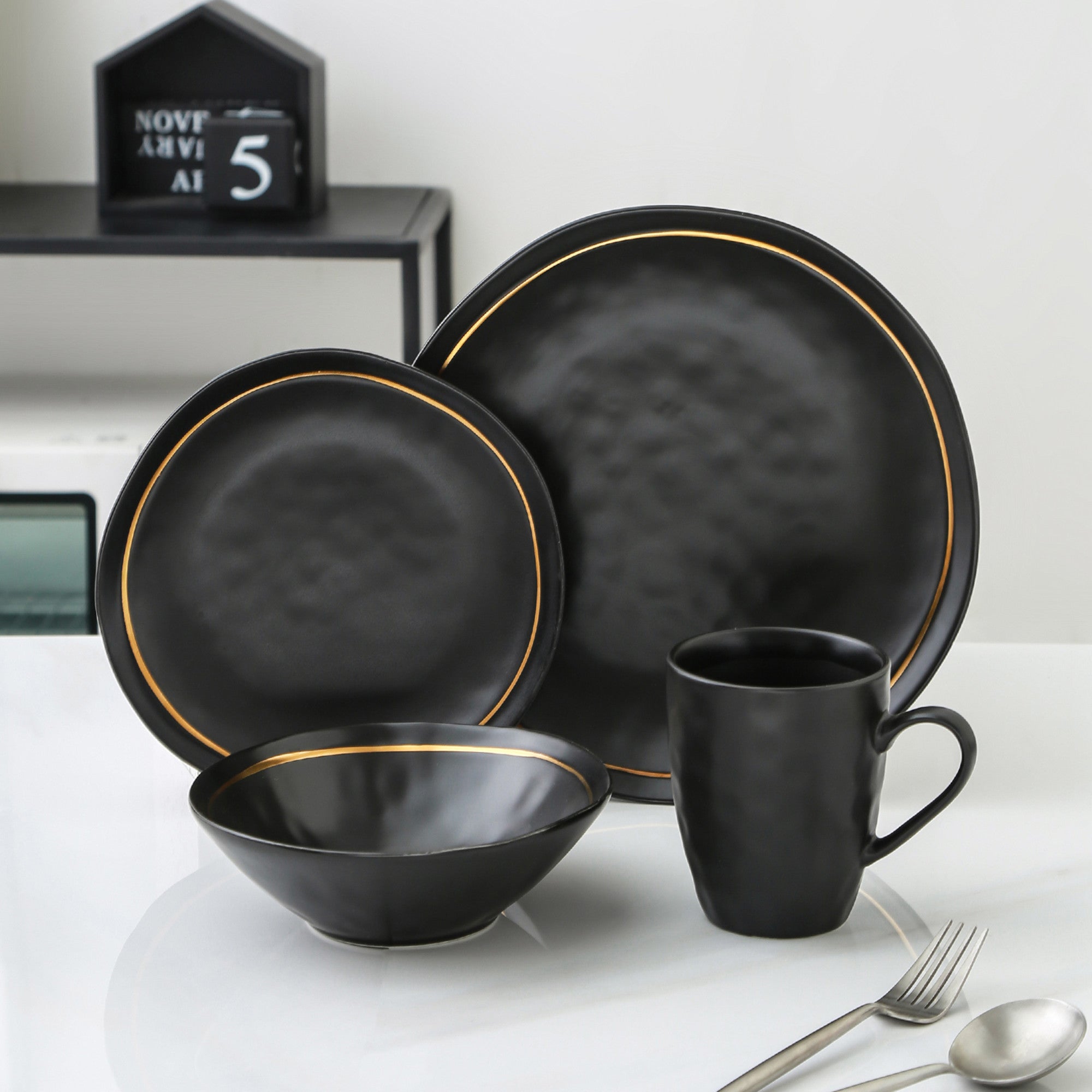 Premium Clara Porcelain 16-Piece Dinnerware Set - Elegant Black Tableware for Formal Dining & Entertaining - Perfect for Dinner Parties, Holidays & Special Occasions