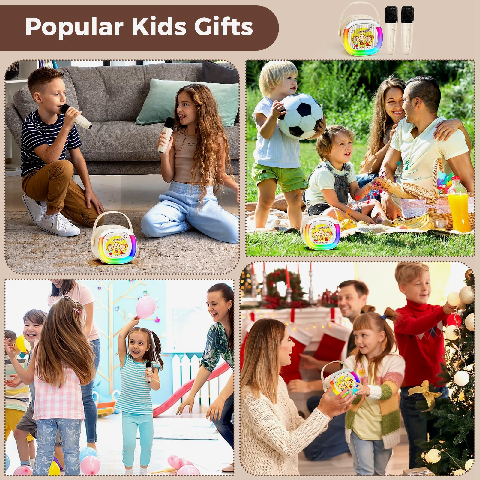 HWWR Mini Karaoke Machine for Kids - Portable Bluetooth Speaker with 2 Wireless Microphones & LED Lights | Perfect for Home Parties, Family Singing, Christmas & Birthday Gifts | Great for Girls, Boys & Music Lovers