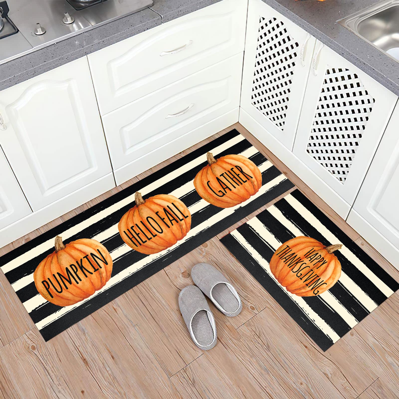 Premium Non-Slip Fall Pumpkin Kitchen Mat Set of 2 - Thick Cushioned Floor Rugs for Comfortable Standing (17