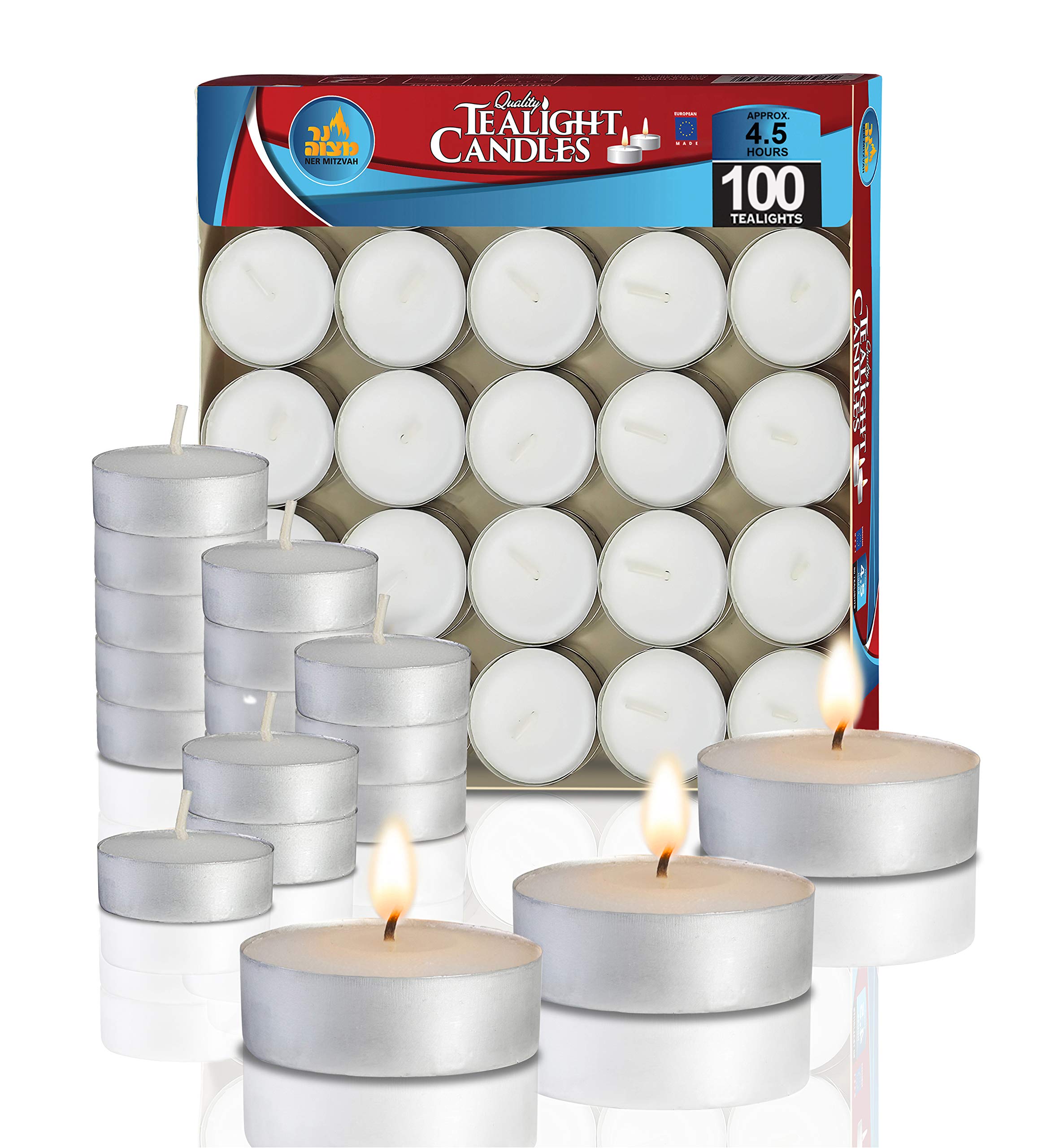 Bulk White Unscented Tea Light Candles - 100 Pack - 4.5 Hour Burn Time - Pressed Wax Travel & Decorative Candles - Perfect for Weddings, Parties, Restaurants & Home Decor - by Ner Mitzvah
