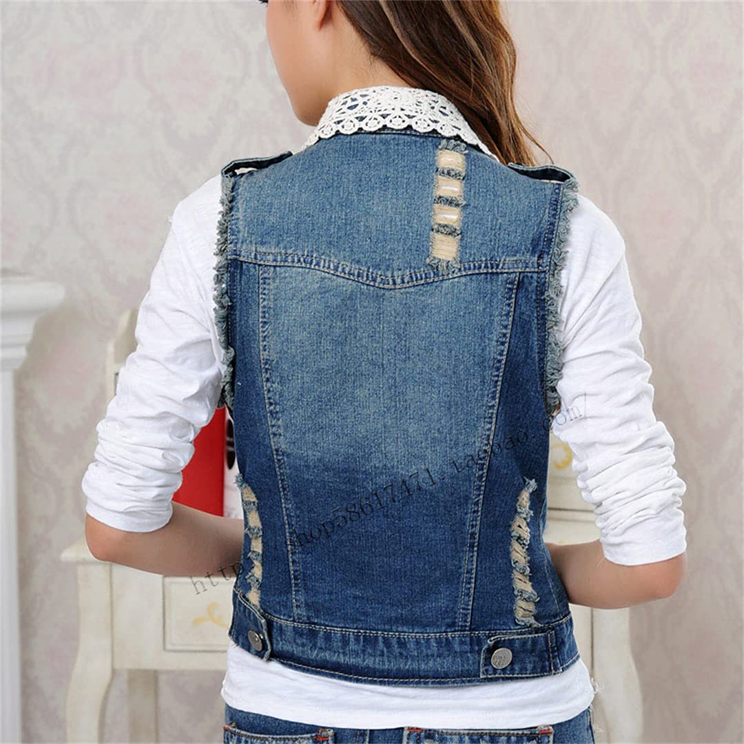 Korean Lace Turn-Down Collar Women's Denim Vest - Beaded Slim Waistcoat Sleeveless Jacket for Casual Outfits & Summer Fashion