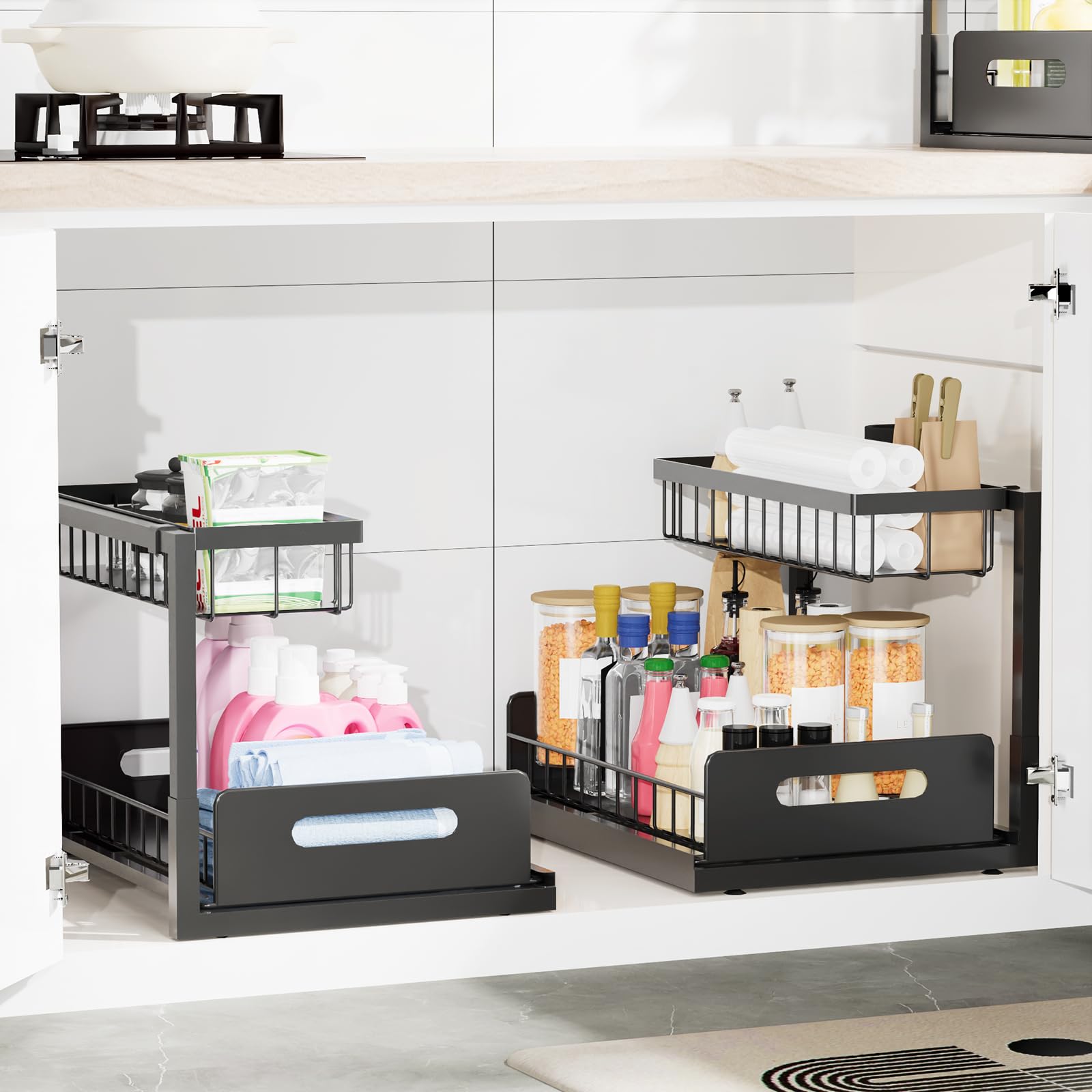2 Pack Under Sink Organizer - 2 Tier Pull Out Cabinet Shelf for Kitchen & Bathroom Storage | Slide Out Sink Organizer with Durable Construction | Perfect for Sponges, Cleaners & Toiletries Under Sink Storage Solution