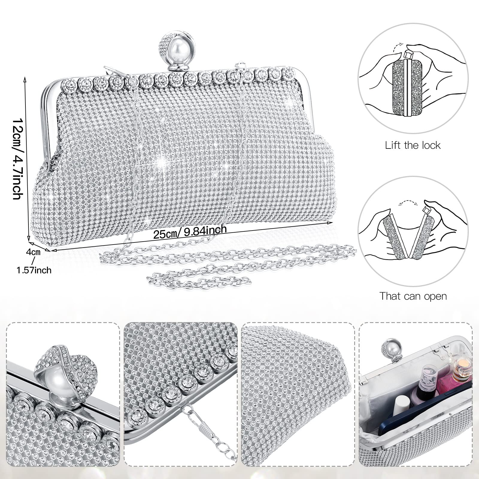 Sparkling Rhinestone Evening Clutch Purse for Women - Double Sided Glitter Handbag with Chain Strap, Crossbody & Shoulder Bag for Wedding, Party, Prom, Date Night & Special Occasions