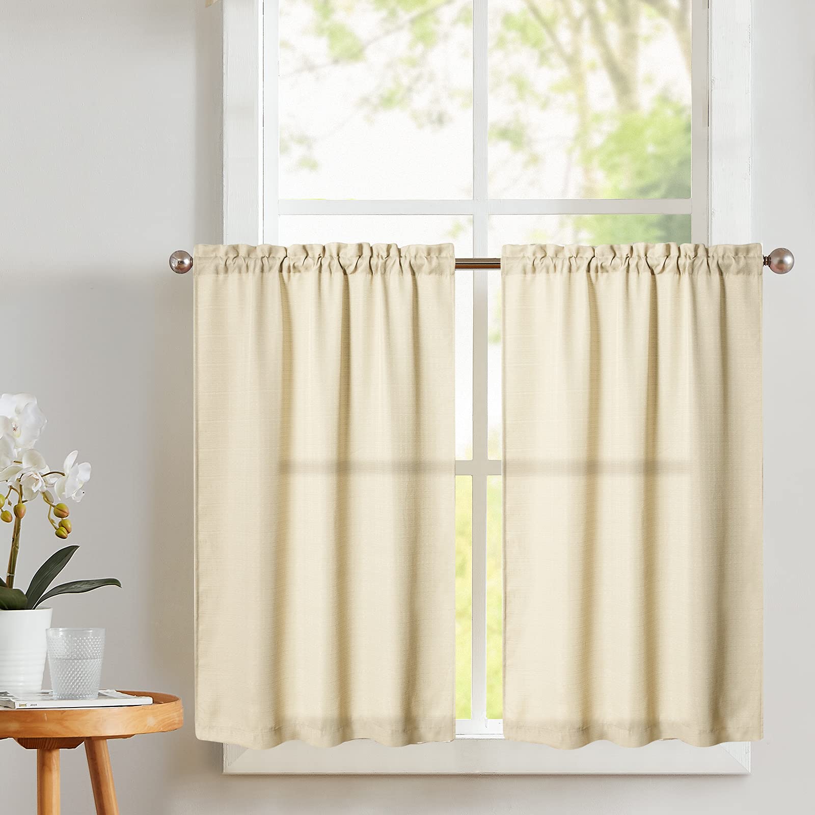 Vangao Beige Kitchen Curtains 36 Inch Length - Textured Semi Sheer Cafe Curtains with Rod Pocket, 2 Panels Set for Half Windows - Perfect for Bathroom, Bedroom & Kitchen Decor, Adds Casual Weave Texture to Your Home