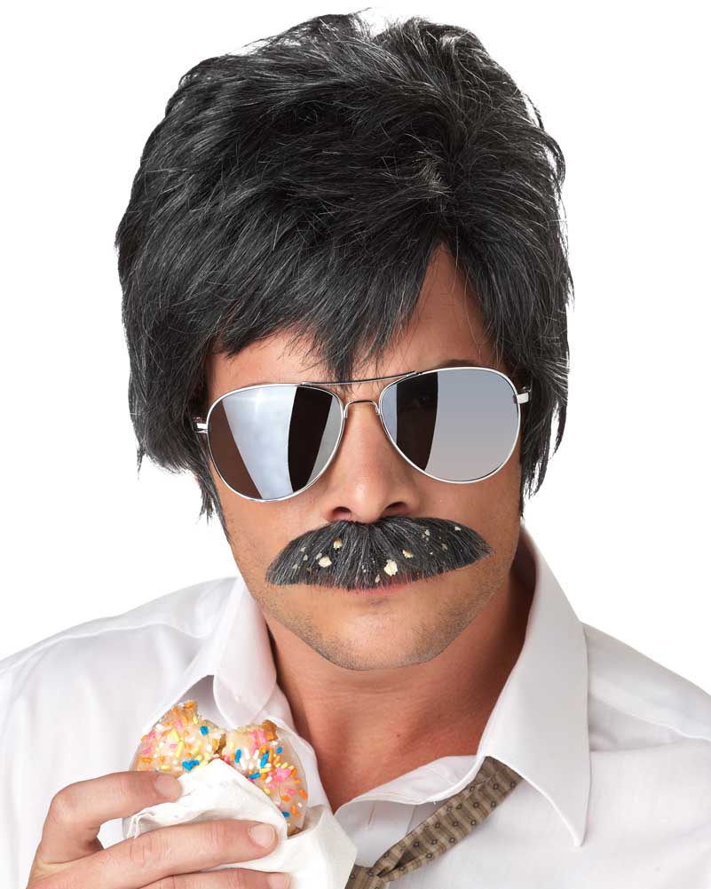 80s Ace Detective Black Wig and Mustache Set - Vintage Costume Accessories for Halloween, Cosplay, and Themed Parties - Perfect for Disguise and Role-Playing