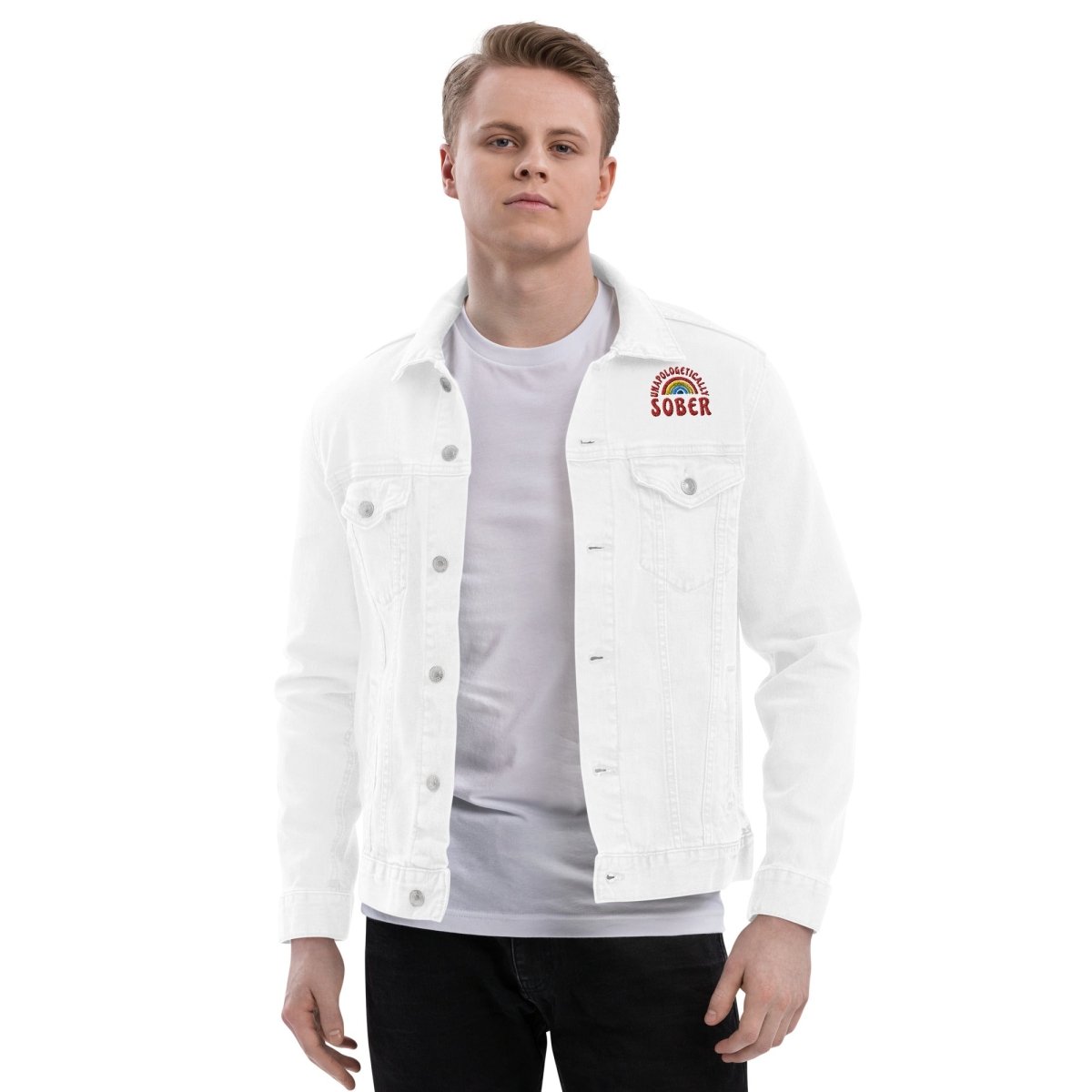 Unapologetically Sober Embroidered Denim Jacket for Men & Women | Vintage Style Distressed Denim Coat | Perfect for Casual Wear, Music Festivals & Street Fashion