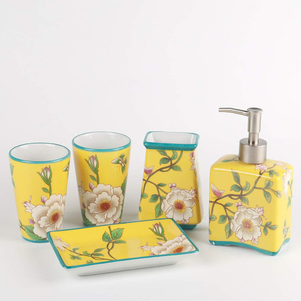 Vintage Ceramic Bathroom Accessories Set - 5 Piece Painted White Flower Yellow Soap Dispenser, Toothbrush Holder, Soap Dish & 2 Tumblers for Home, Hotel Vanity Decor | Perfect for Farmhouse, Cottage & Vintage Style Bathrooms