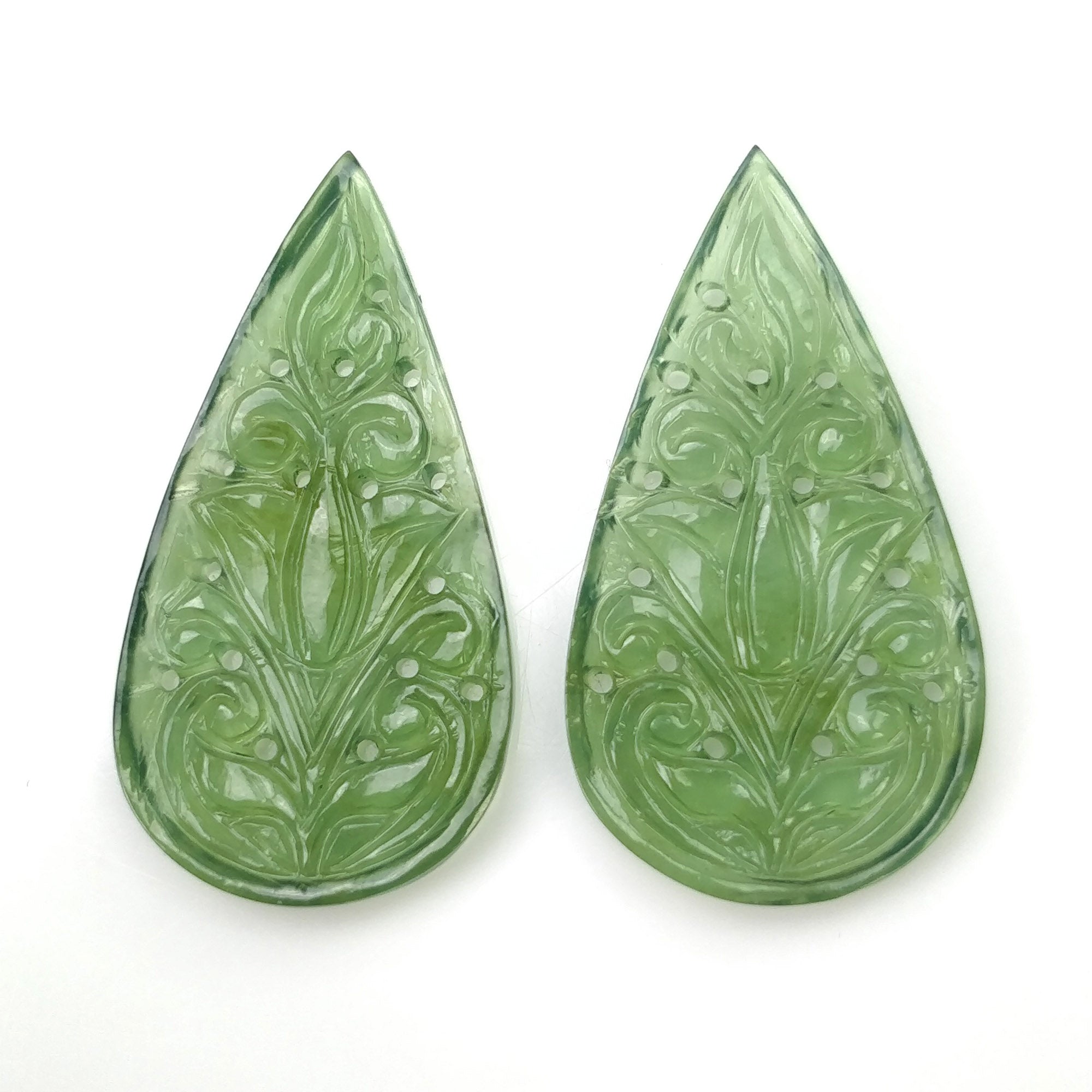 Natural Green Serpentine Gemstone Pear Shape Carving - 19.75cts Untreated Antigorite Serpentine Handcrafted Jewelry (33x17mm Pair with Video) - Perfect for Necklace Pendants, Earrings & Spiritual Healing Jewelry