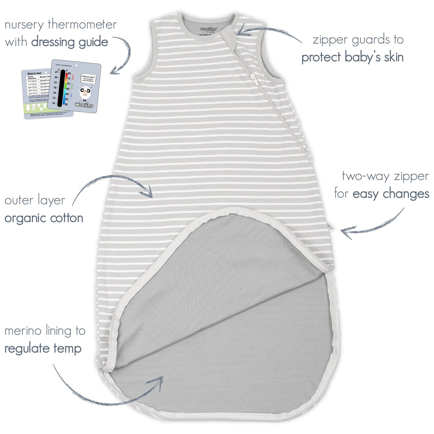 4 Season Baby Sleeping Bag - Soft Merino Wool & Organic Cotton - Cute Panda Design - Perfect for Nursery, Travel & Outdoor Adventures