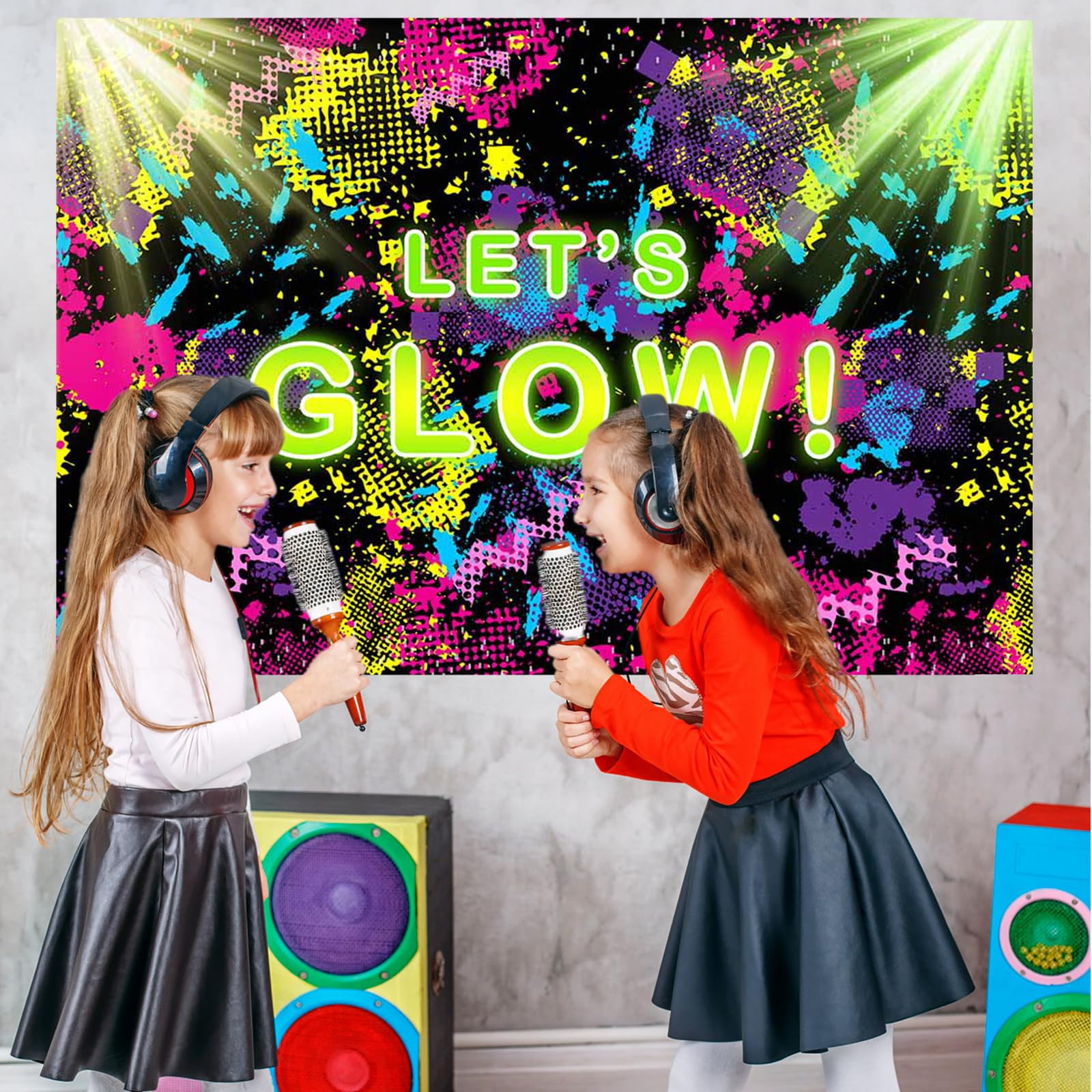 7x5ft Neon Glow Party Backdrop - Splatter Design for Glow Theme Birthday, Dance Party & Event Decorations | Mocsicka Let's Glow Background for Nightclubs, Raves, Photo Booths & Social Media Content